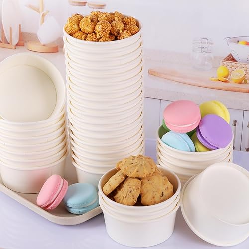 Miniatura 28 de Juego de 50 tazas desechables de helado blanco de 6 onzas con tapas, tazas medianas para bebidas calientes y frías, vasos de papel, recipiente