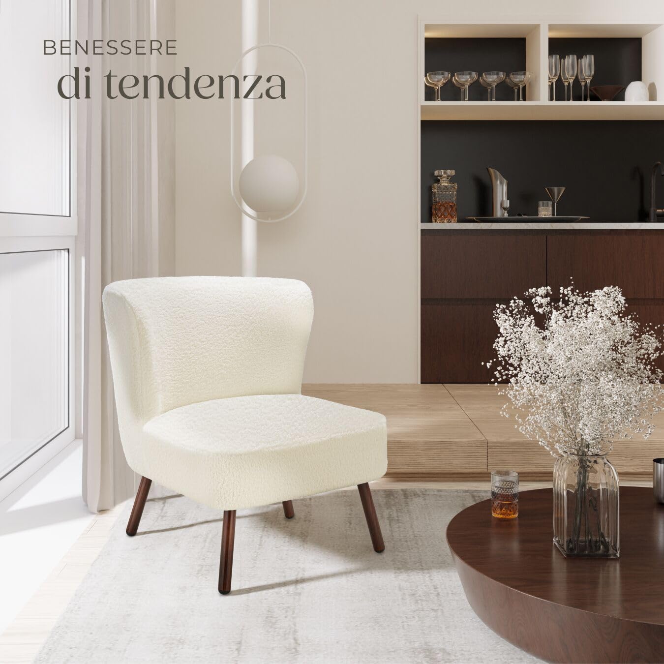 tectake®, Poltrona scandinava da cocktail, poltrona relax di design, moderna e comoda, poltrone salotto, poltroncina da camera, Poltroncina salotto da lettura - Bouclé Bianco Avorio