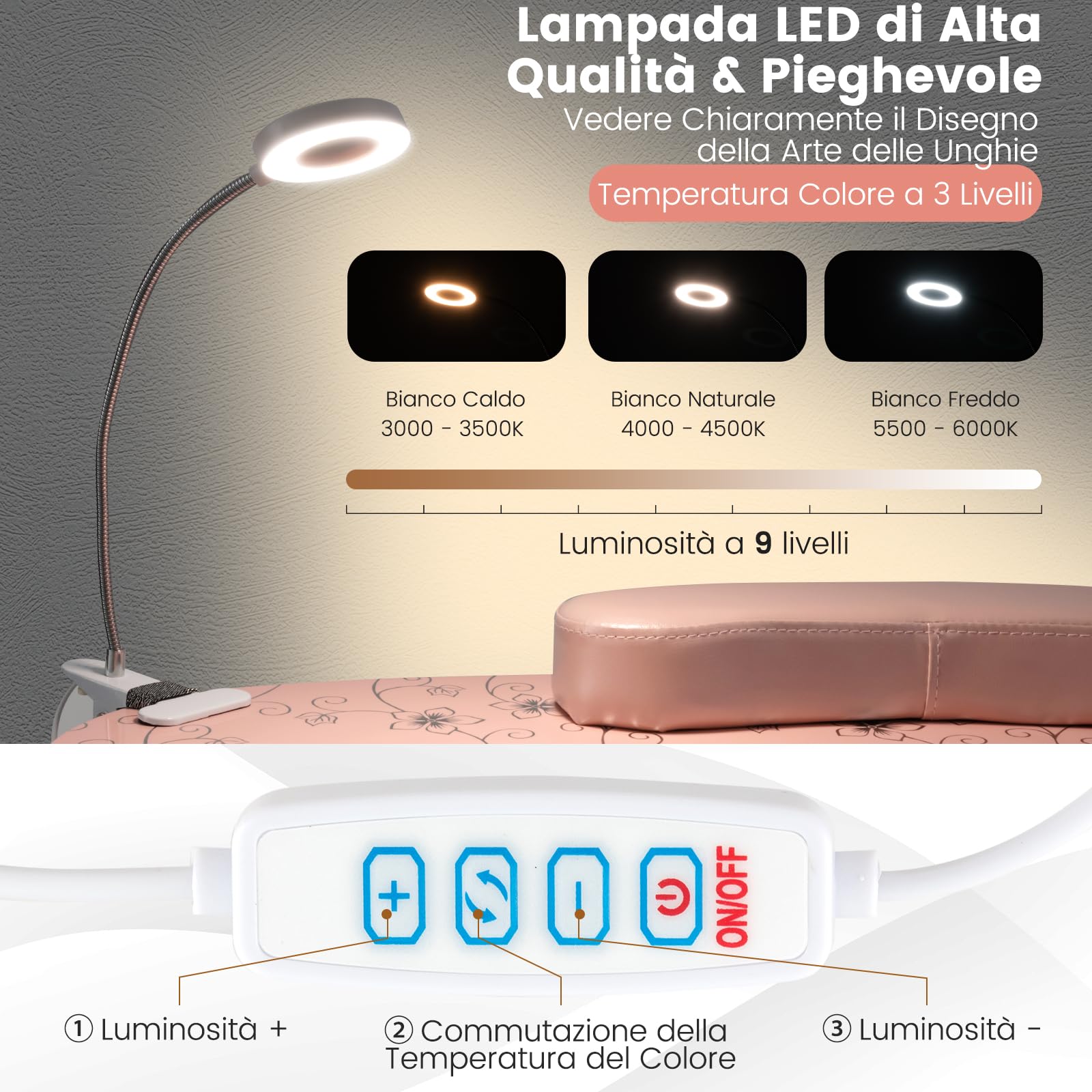 COSTWAY Tavolo per Manicure Pieghevole con Aspiratore, Tavolo per Unghie Portatile con Luce LED Regolabile, Cuscino Poggia Polso Rimovibile, Borsa da Trasporto e 4 Ruote Bloccabili (Rosa)