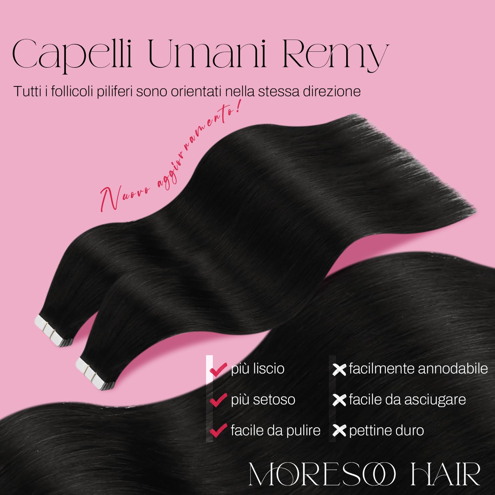 Moresoo Extension Capelli Veri Biadesivo 50 cm Nero Remy Umani Invisible #1B 20pz 50g