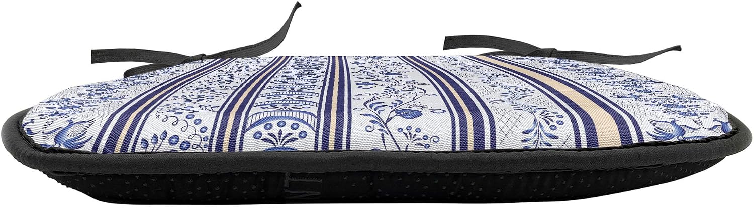 Lunarable Royal Blue Chair Seating Cushion Set of 6, Japanese Turkish Inspired Ceramic Pattern with Flowers Design, Anti-Slip Seat Padding for Kitchen & Patio, 16"x16", Violet Blue White