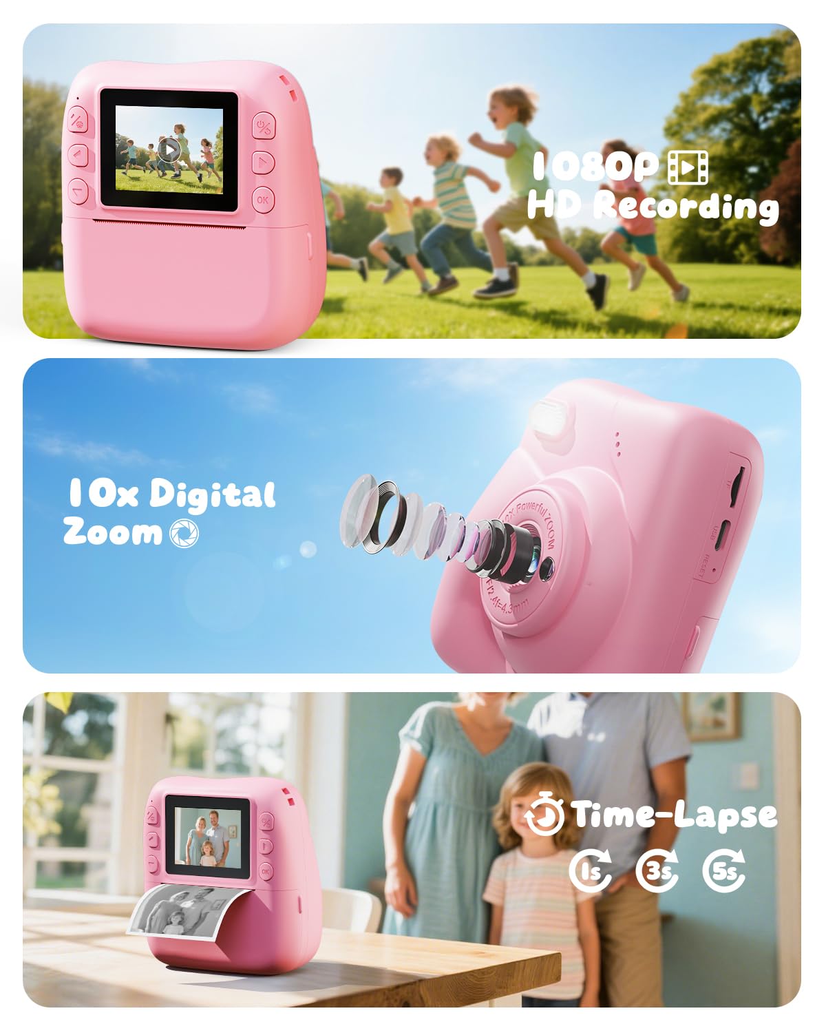 CAMCLID Macchina Fotografica Bambini Istantanea, 1080P HD Macchina Fotografica Istantanea 48MP con Scheda da 32 GB e 3 Rotoli di Carta da Stampa, Regalo per Ragazze Ragazzi da 3-12