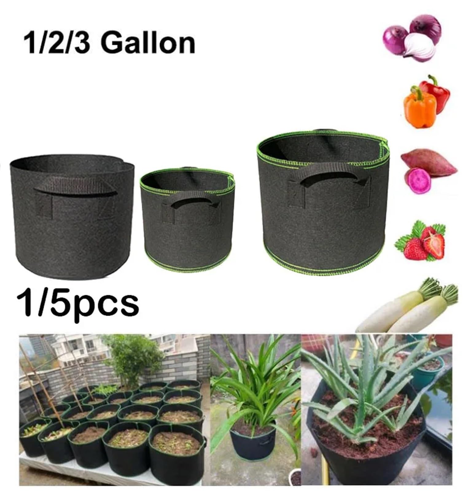 10 Stück Pflanzsäcke (1, 2 und 3 Gallonen) aus Vliesstoff for Blumen Bäume für Gemüse und Blume(Black no Handle,XXL)