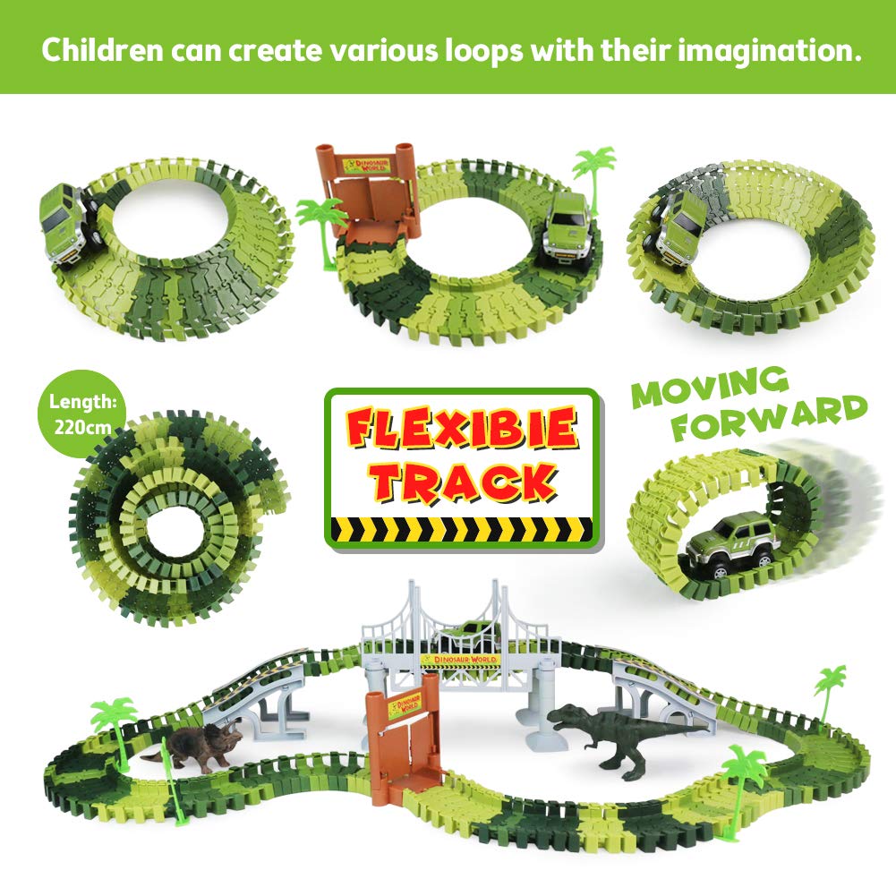 Circuit Voiture Enfant Dinosaure Flexible Tracks Car Jouet De Piste 142Pièces Cadeau Garcon, Train Electrique Educatif Jouet Fille 3 4 5 6 Ans