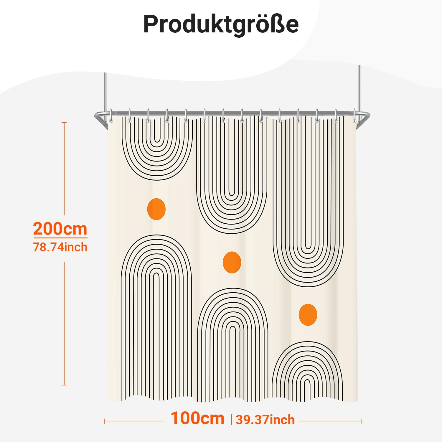 Lerores Shower Curtain 100 x 200 cm Geometric Curve, Weighted Hem, Anti-Mould Textile, Water-Repellent, Washable Polyester Fabric Bath Curtains for Bathroom, Bath with 7 Shower Curtain Rings - Image 2