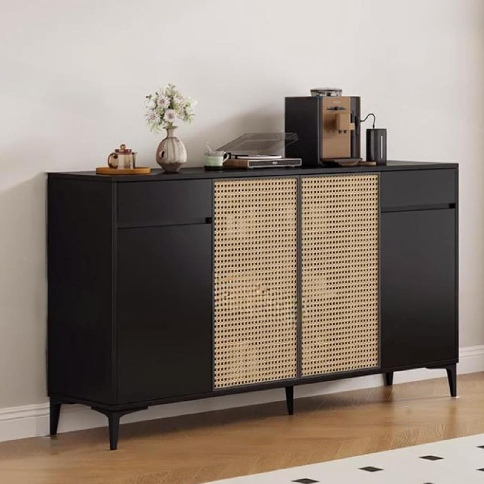 Kredens Formie Bufetu, Rattanowa Szafka Stylu Rustykalnym, Szafka z Szufladami, Dekoracyjne Szafki Barowe do Salonu W Przedpokoju(Black,140x96cm/55.1x37.7'')
