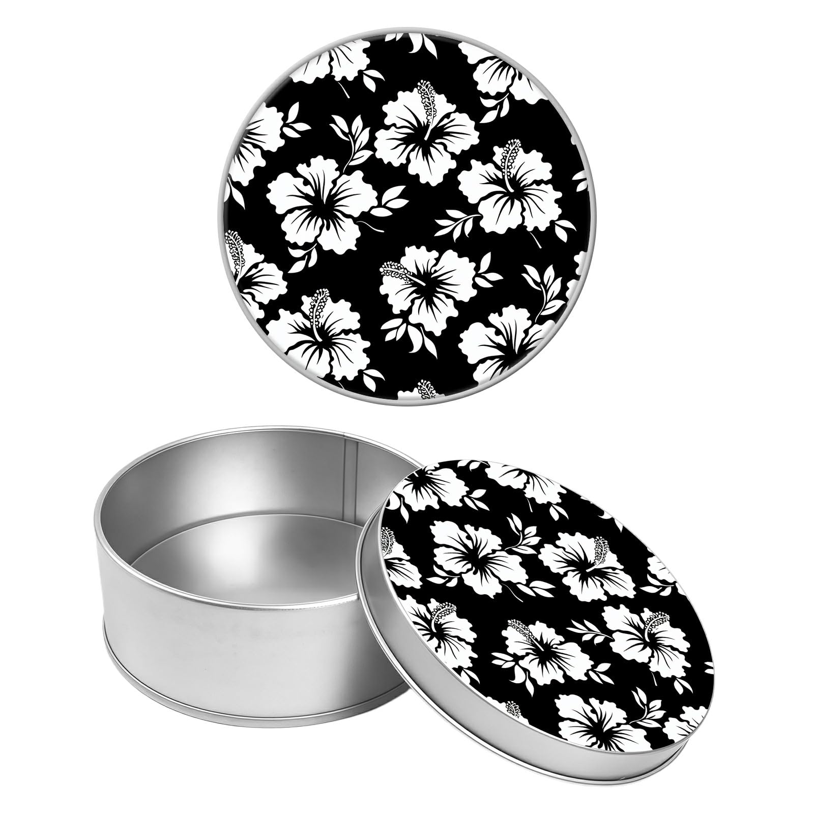 Round Metal Tin Container with Removable Lid, White Flowers Durable Metal Storage Box for Crafts Snacks Candies Office Supplies Small Items 3.54 x 1.38 inch– Single Pack