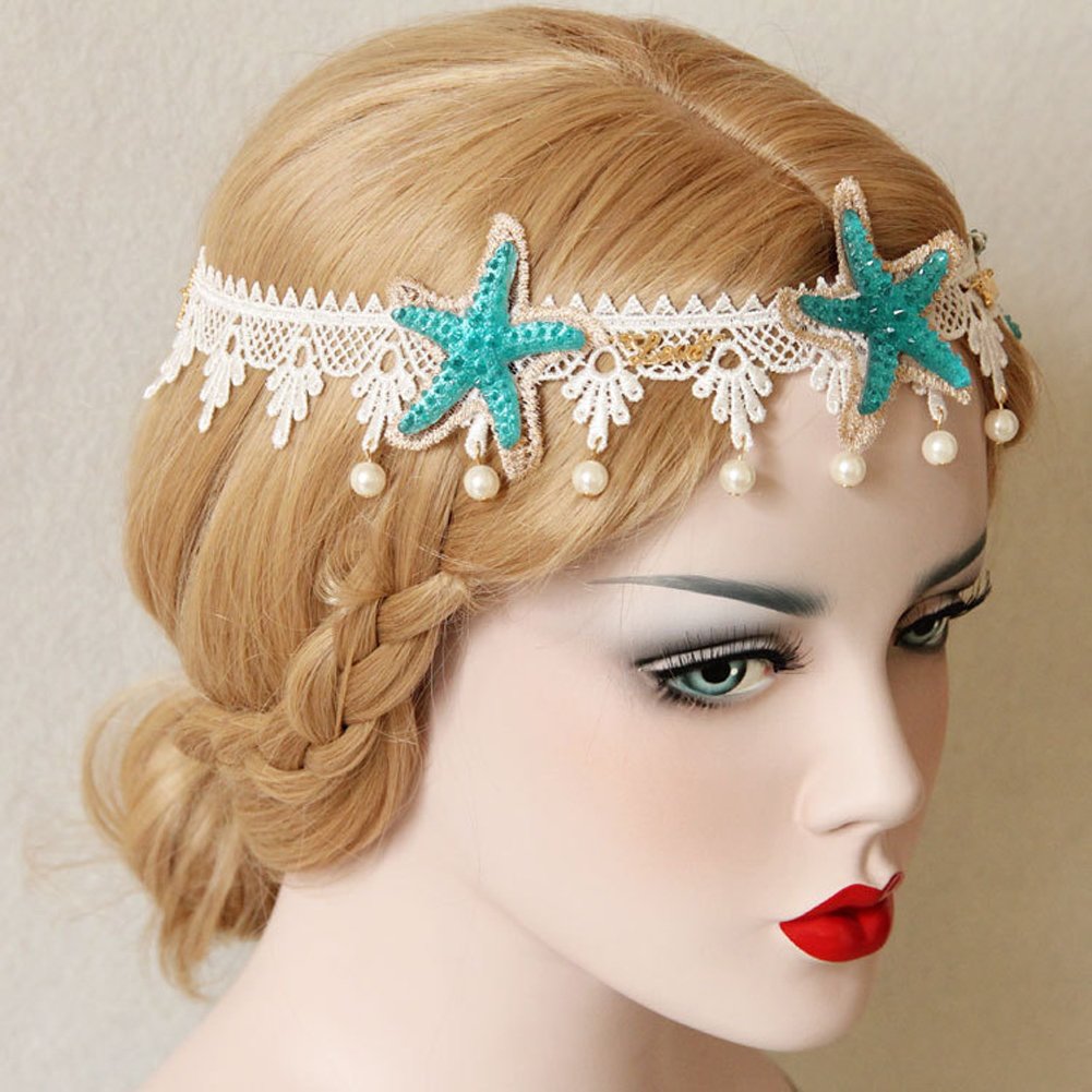 Bodermincer Summer Beach Style Bohemia Wedding Flower Head Wreath for Woman Party Mermaid Sea Star Starfish Decorations Charm Hairbands Jellyfish Hairpin Mermaid Hair Accessories Mermaid Costume (Color 2)