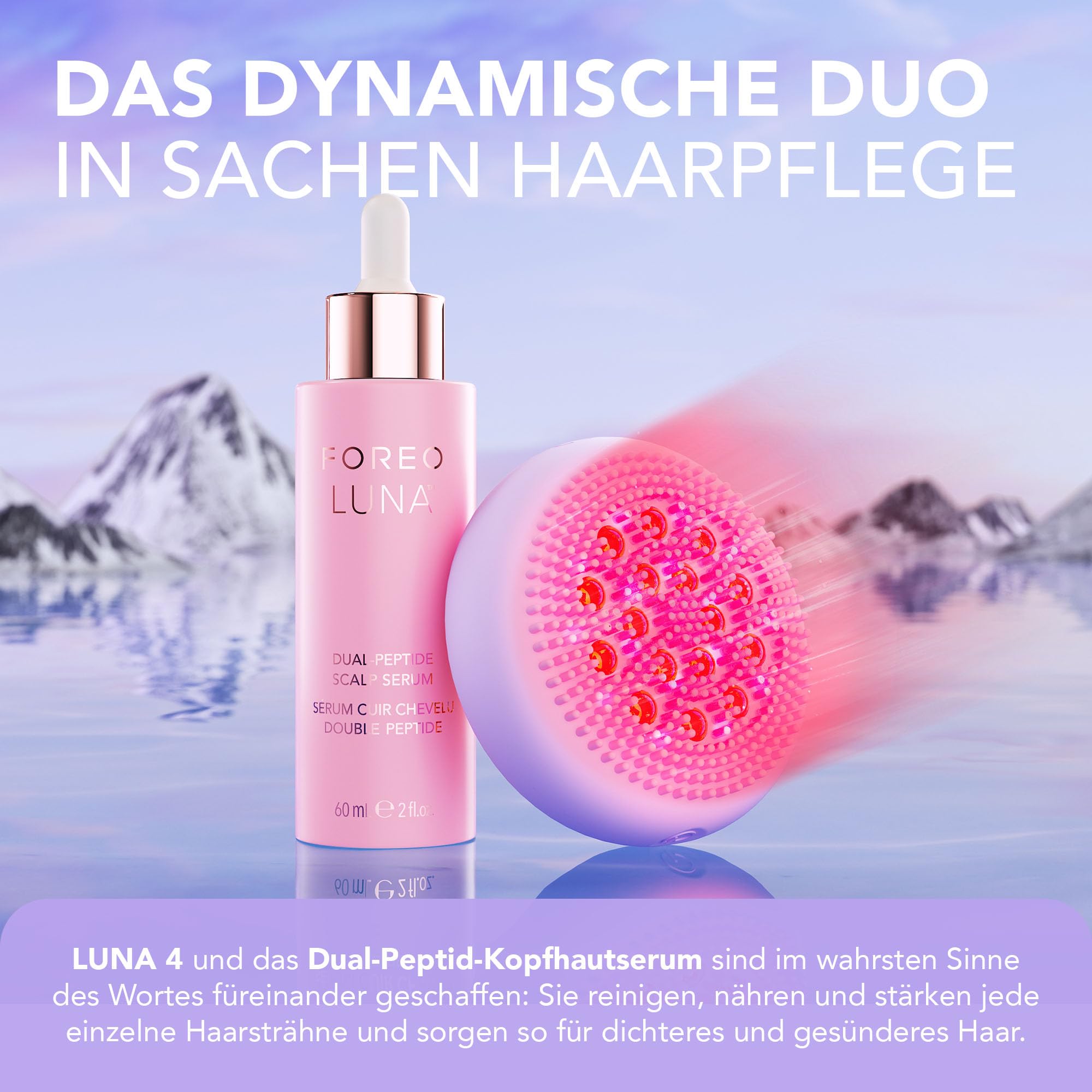 FOREO LUNA 4 Hair & Dual-Peptide Scalp Serum Bundle – 2-in-1 Kopfhaut Massagebürste mit Serum aus Centella- und Portulaca-Extrakten gegen Haarwachstum, Verdickung und Haarausfall – 60 ml