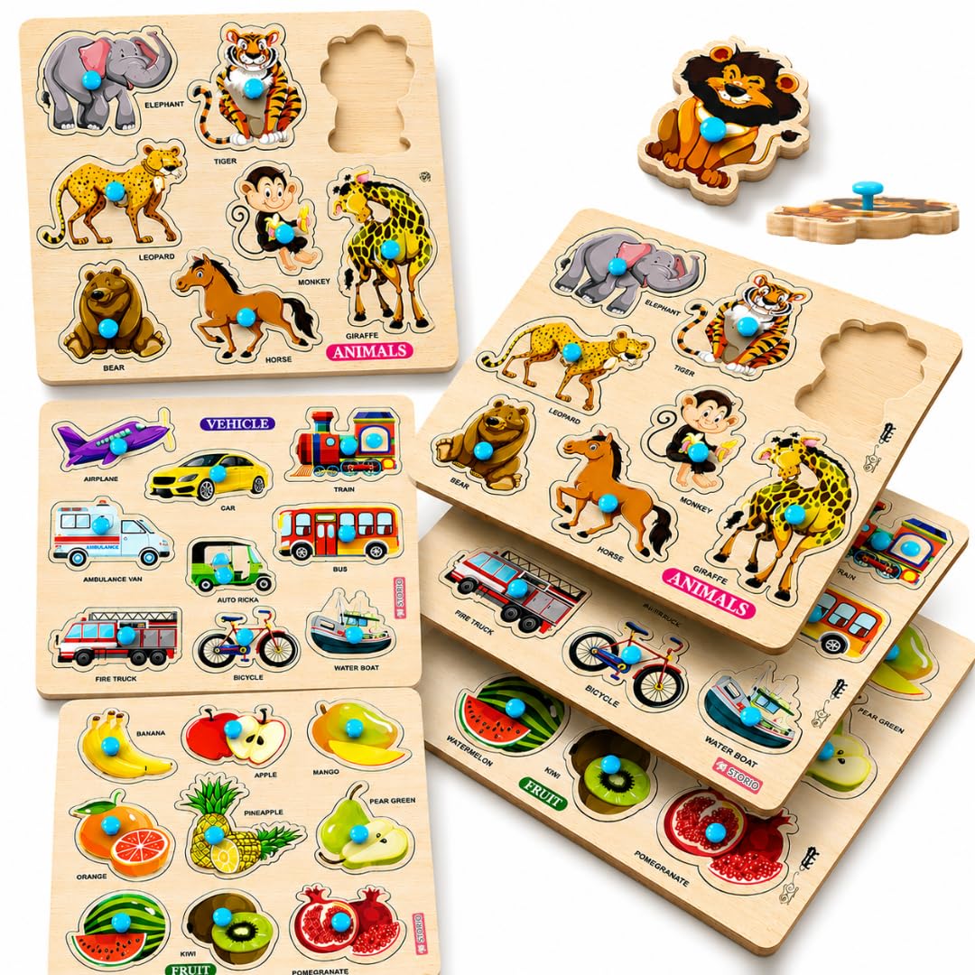 Storio Wooden Puzzle Combo Set for Kids, Vehicle Fruit & Animal Knob Puzzles, Montessori Educational Learning Toy, Fine Motor Skill Wooden Board for Toddlers Boys Girls Age 2+ Years-image-6