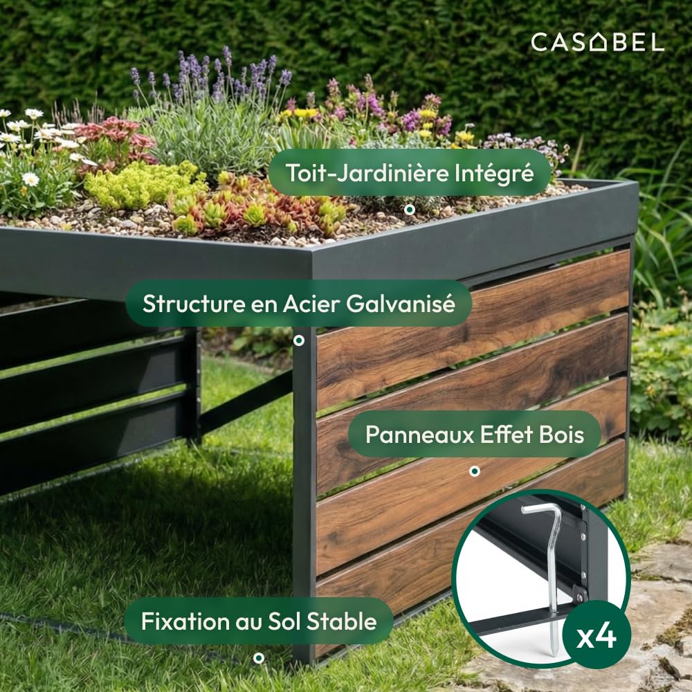 CASABEL Abri Robot Tondeuse en Acier Galvanisé, Toit Bac à Plantes | Protection contre les intempéries, Acier galvanisé robuste, Bac à plantes intégré, Abri universel, Effet bois, Montage facile
