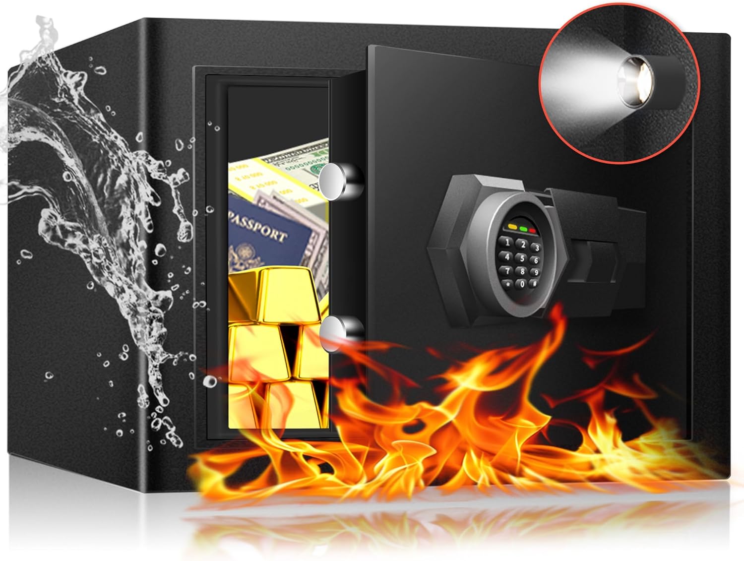 1.3 cu ft small fireproof home safe box- steel security box with digital electronic keypad, safety combination lock box for office, sensor light, safe for documents money jewelry handgun 1.0 cu ft