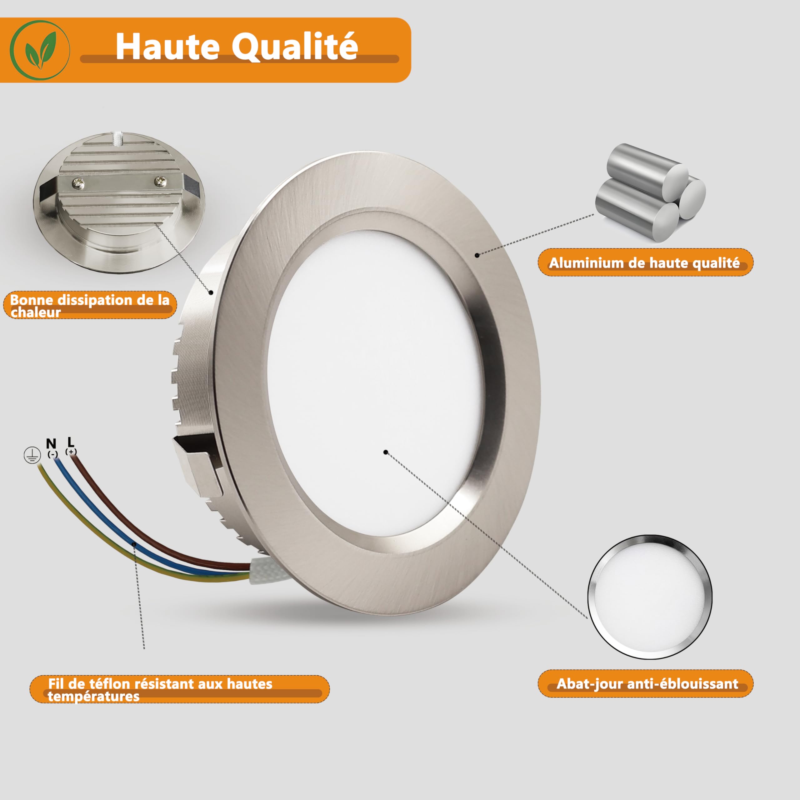Spot LED Encastrable 5W 230V,Spots de Plafond Encastre 68mm-75mm Découpe,Extra Plat 20mm Blanc Chaud 2700K Blanc Neutre 4000K Blanc Froid 6000K IP44 Spot Salle de Bain pour Cuisine (Nickel, Lot de 6)