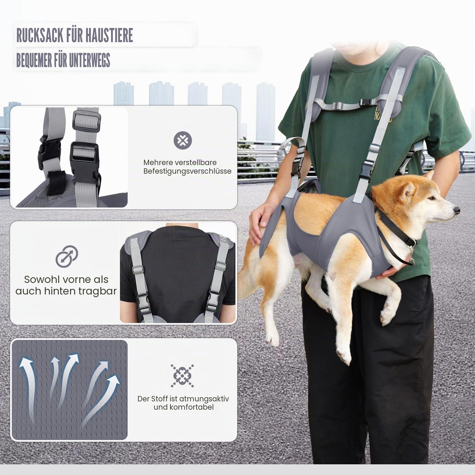 Haustier-Tragetasche, tragbarer Outdoor-Hunderucksack für ältere Hunde mit Gelenkverletzungen, Arthritis oder Lähmung, Treppenstütze, Grau