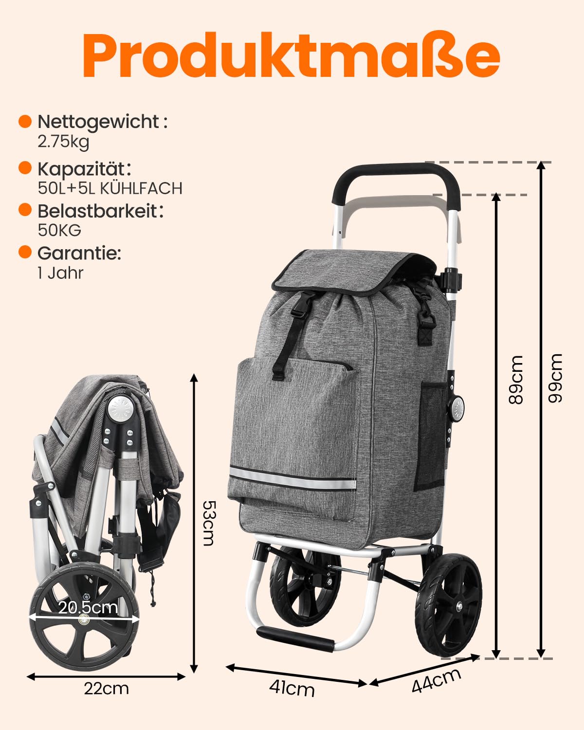 Homecall Einkaufstrolley klappbar Einkaufswagen mit 50L + 5L kühlfunktion Bis 50KG, Einkaufstasche mit Rollen 3 in 1 Shopping Trolley & Sackkarre & Umhängetasche (Dunkelgrau, Standard)