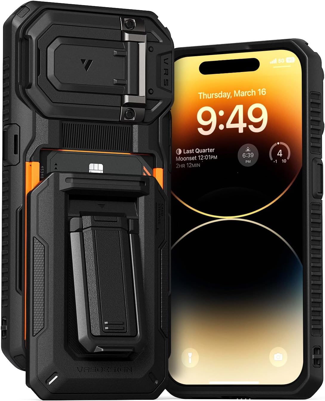 VRS DESIGN Origin for iPhone 14 Pro (2022), iPhone 13 Pro (2021), Wallet Card Holder Case [3 Cards] Rugged Semi-Automatic 3-Card Slot & Kickstand Case (Matte Black)