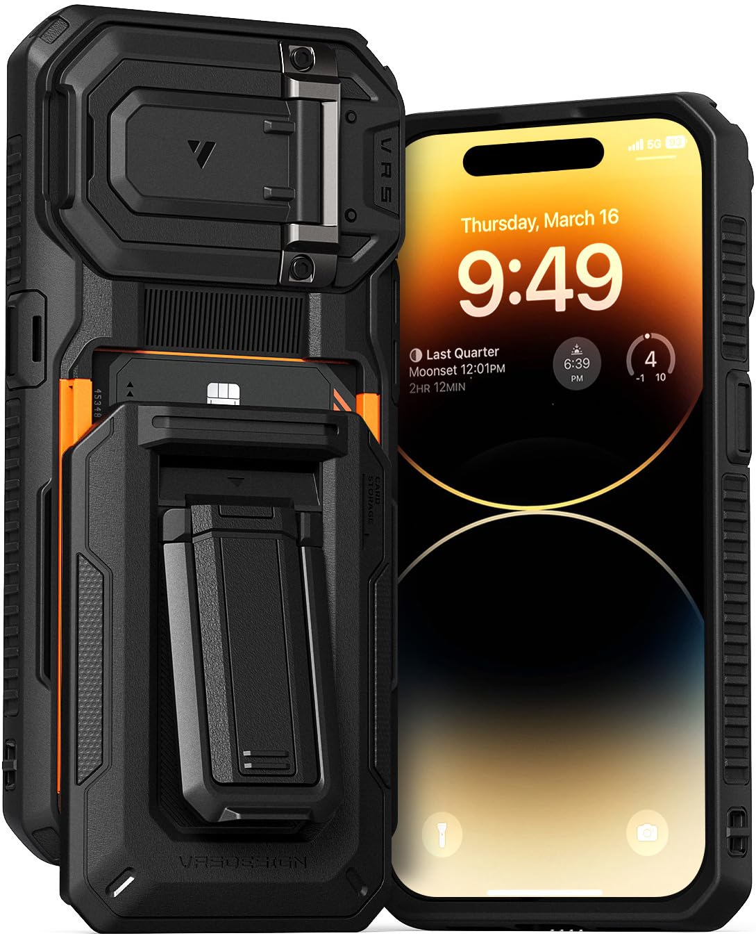 VRS DESIGN Origin for iPhone 14 Pro (2022), iPhone 13 Pro (2021), Wallet Card Holder Case [3 Cards] Rugged Semi-Automatic 3-Card Slot & Kickstand Case (Matte Black)
