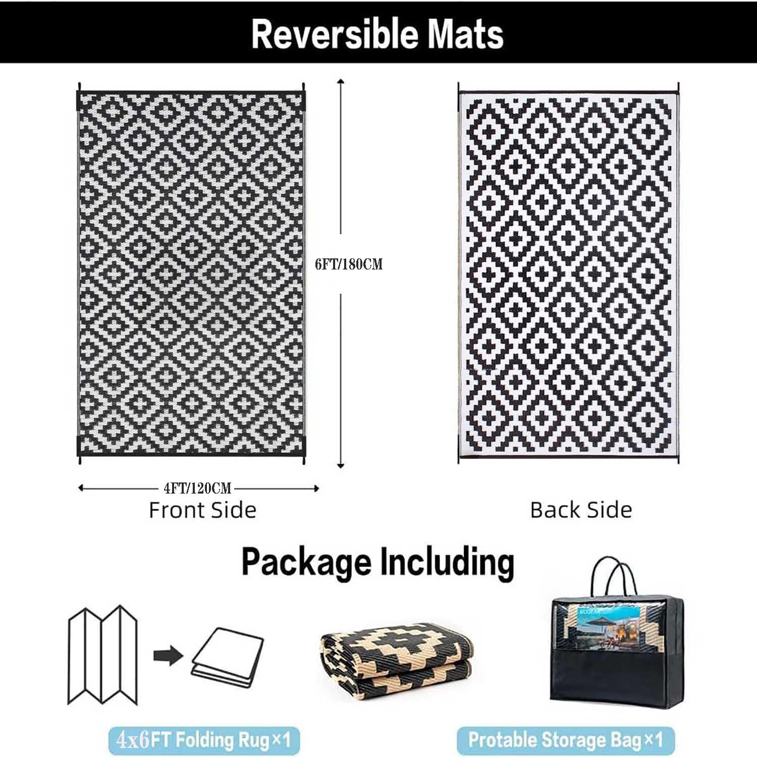 Tapis Terrasse d'extérieur Imperméable Grand Noir et Blanc,Tapis Exterieur Tissage,Tapis de Jardin Pliable Réversible Tapis de Exterieur pour Patio,Porche, Balcon,4x6ft/120x180cm