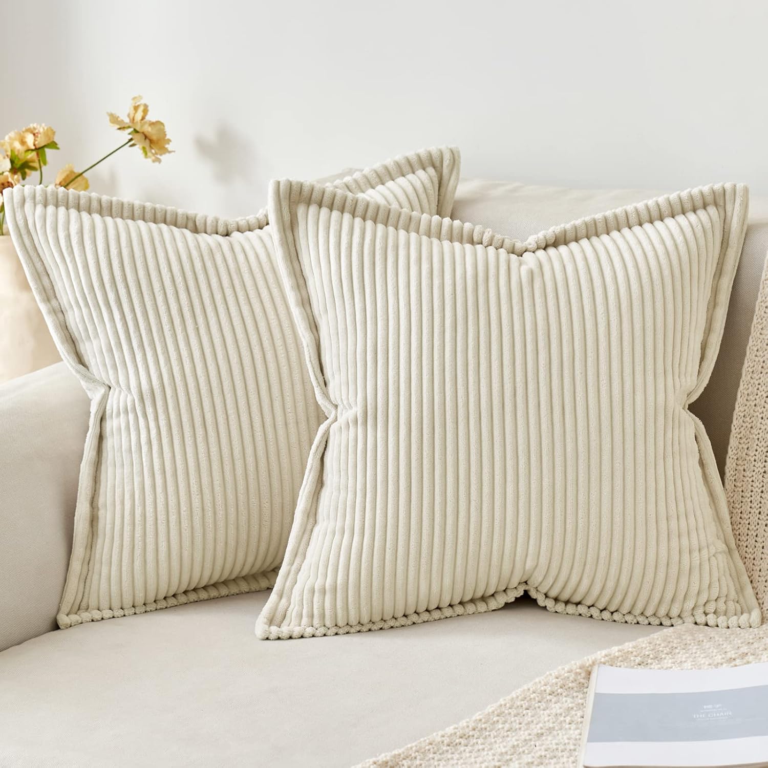 MIULEE Pack of 2, Corduroy Pillow Covers Soft Soild Striped Throw