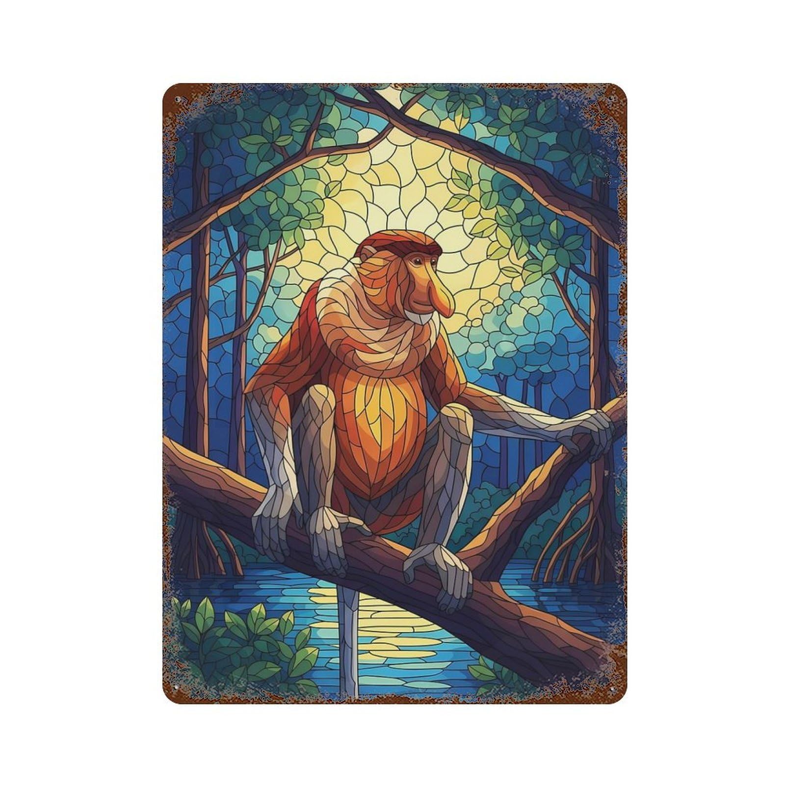 Proboscis Monkey Stained Glass Illustration Retro Metal Sign 15.7"x11.8", for Garage, Bar And Workshop Decor, Shabby Chic Decor