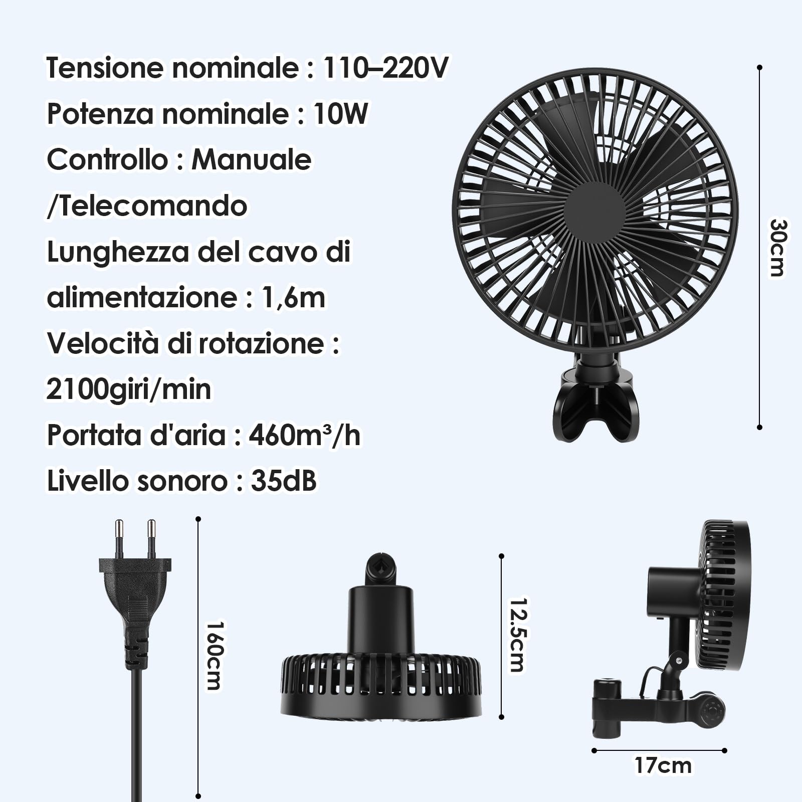 Grow Ventilatore con Clip e Regolatore di velocità Continuo, Motore EC, 2100 Giri/min, Oscillante, 10W, IP44 - Ventola per Growbox/Tenda