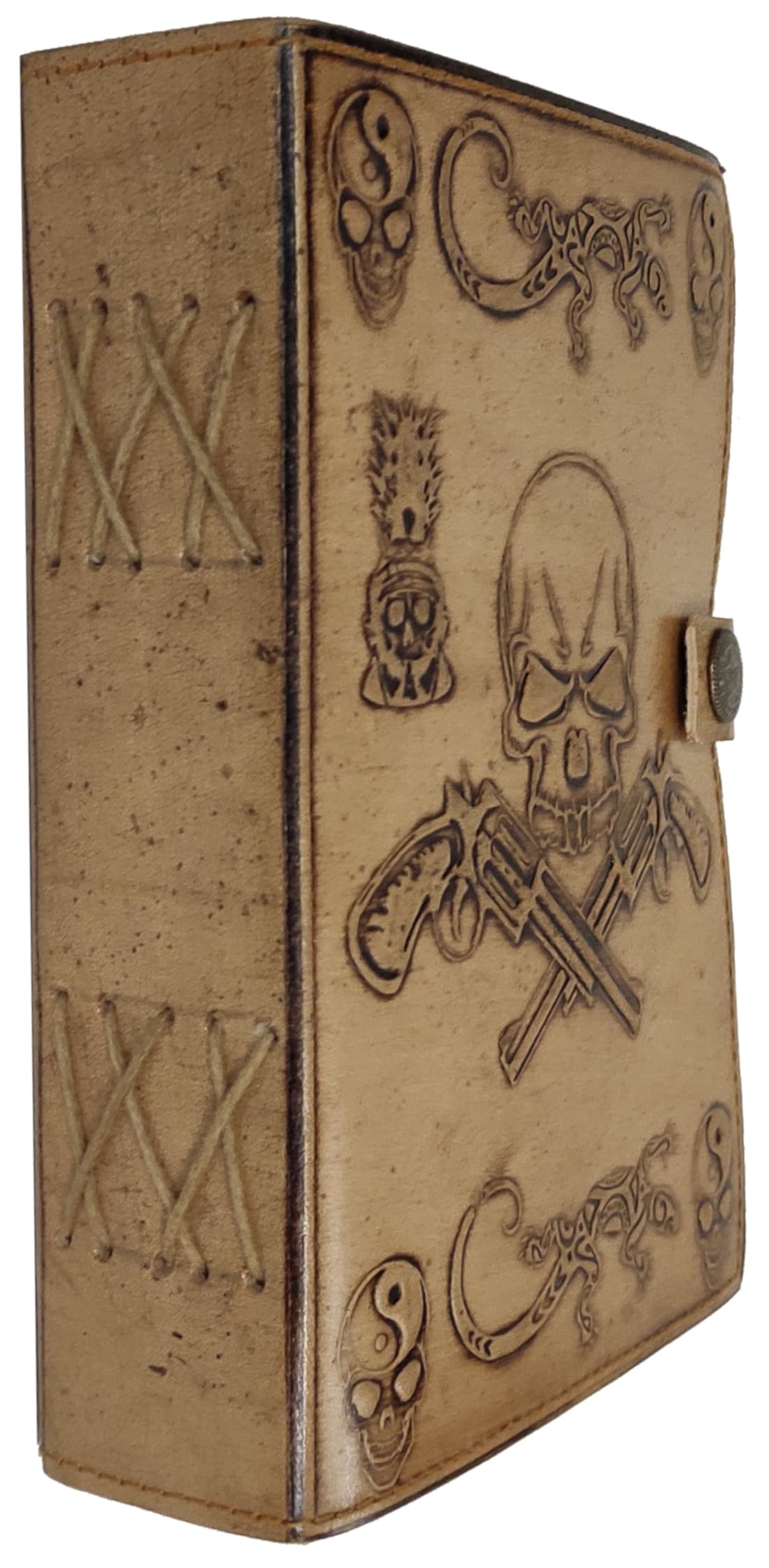 Purpledip Leather Diary Journal With Emboss Design 'Guns & Skull' Handmade Tree-Free Cotton Paper With Deckled Edges In Antique Finish, Vintage Lock, 7*5 Inches, 188 Pages, Eco Friendly Gift (12728)
