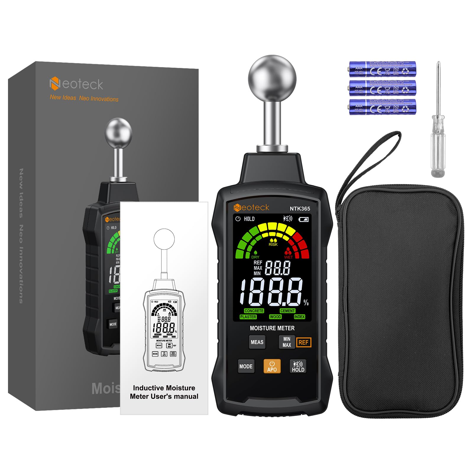 Neoteck Humidimètre Mur Détecteur Humidité Mur Sans Aiguille – Scanner Béton Plâtre Bois Maçonnerie, Analyse Profondeur 5-40mm, 5 Modes, LCD 3 Couleurs, pour Rénovation Maison Chantier