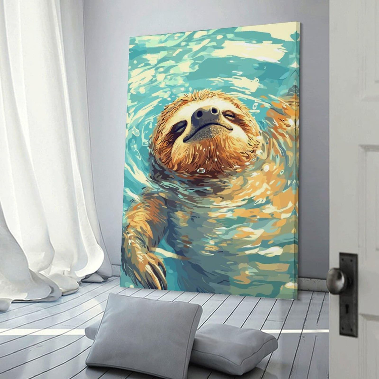 Junmoney Sloth Swimming in Blue Water Room Decor Wall Art, 24x36inch(60x90cm), for Office, Study Or Home Workspace, Decorative Artwork for Productive Spaces