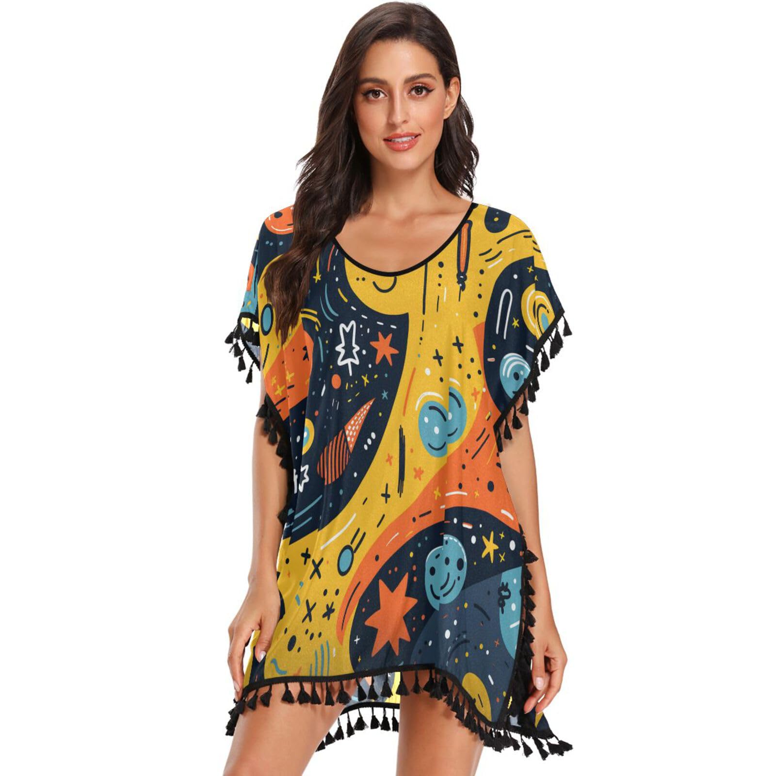 Cartoon Abstract Art Star Space Women's Beach Cover Up Chiffon Tassel Swimwear Swimsuit Coverups for Girl