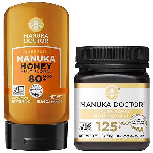 MANUKA DOCTOR - MGO 80+ Multifloral SQUEEZY y MGO 125+ Monofloral Manuka Honey Value Bundle, 100% miel de Nueva Zelanda pura. Certificado.