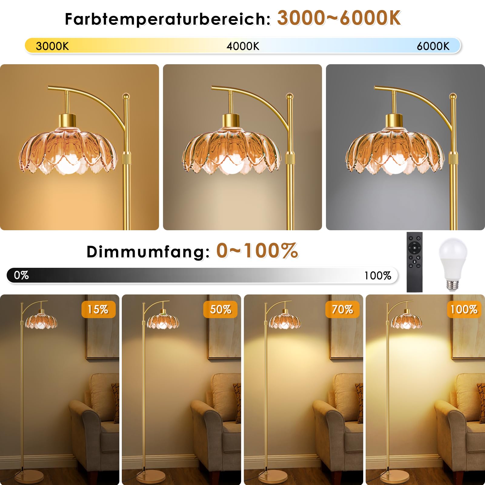 Stehlampe Wohnzimmer Vintage Gold Dimmbar mit Fernbedienung: Moderne LED Leselampe Messing Bogen für Schlafzimmer, Büro, Retro Klassische Design mit Braun Schirm, Boho & Mid Century Modern, Groß 175cm
