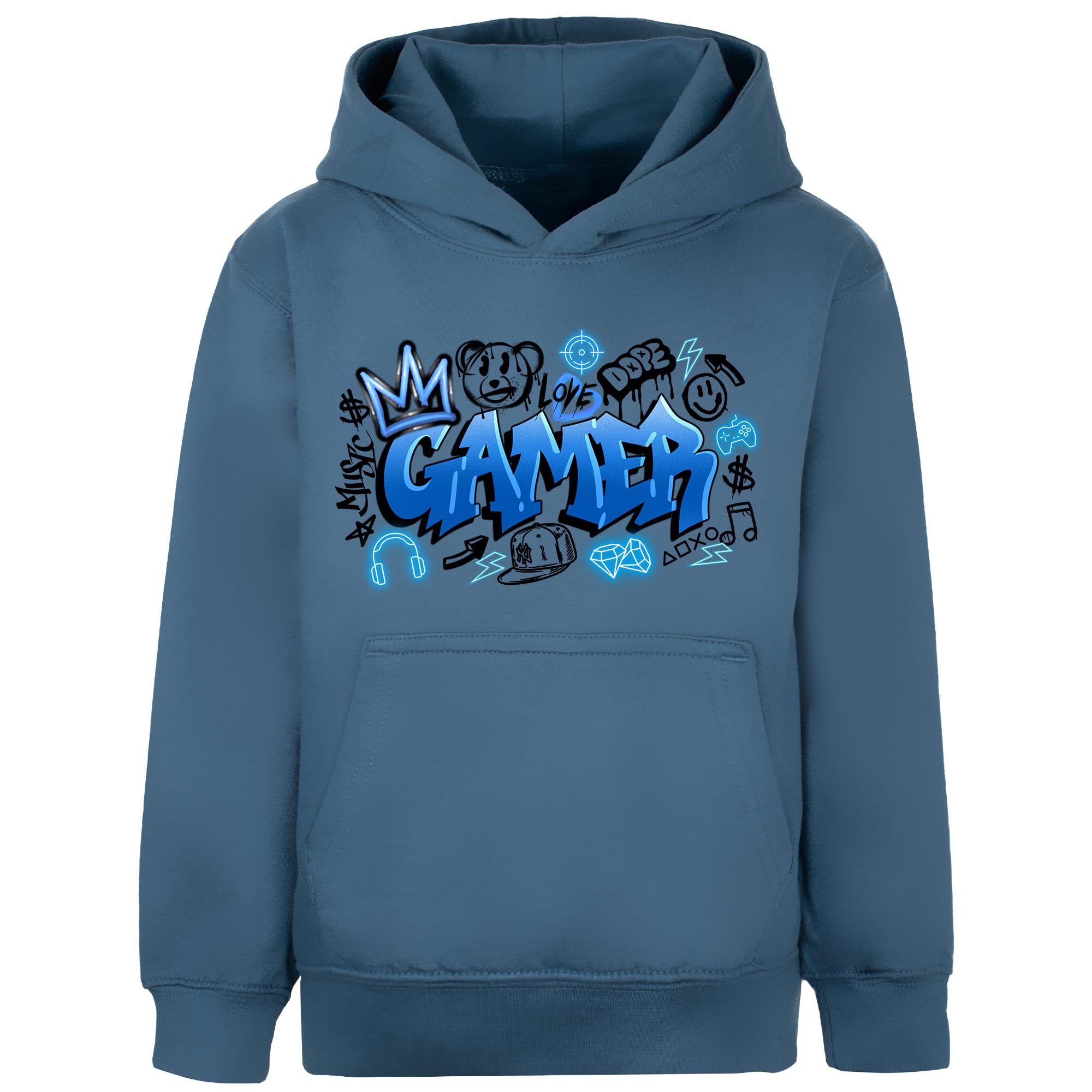 Fringoo Gamer Hoodie for Boys Cotton Rich Soft Hooded Sweatshirt for Boys Gaming Pullover Jumper with Kangaroo Pocket Age 5-13 (UK, Age, 12 Years, 13 Years, Regular, BLUE - Gamer Graffiti)