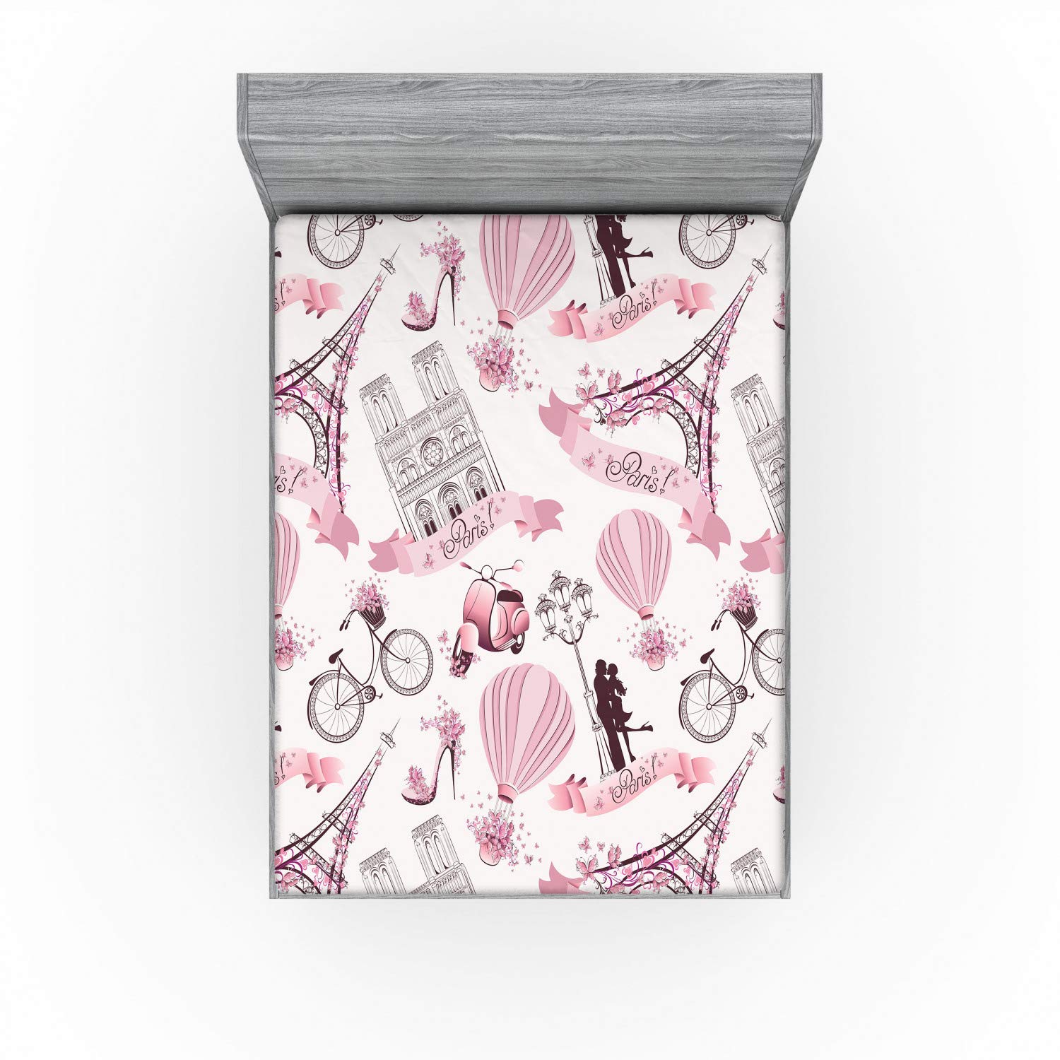 Ambesonne Eiffel Tower Fitted Sheet, Travel in Paris Theme Honeymoon Flowers Romance Hot Air Balloon Bike, Bed Cover with All-Round Elastic Pocket for Comfort, California King, Soft Pink