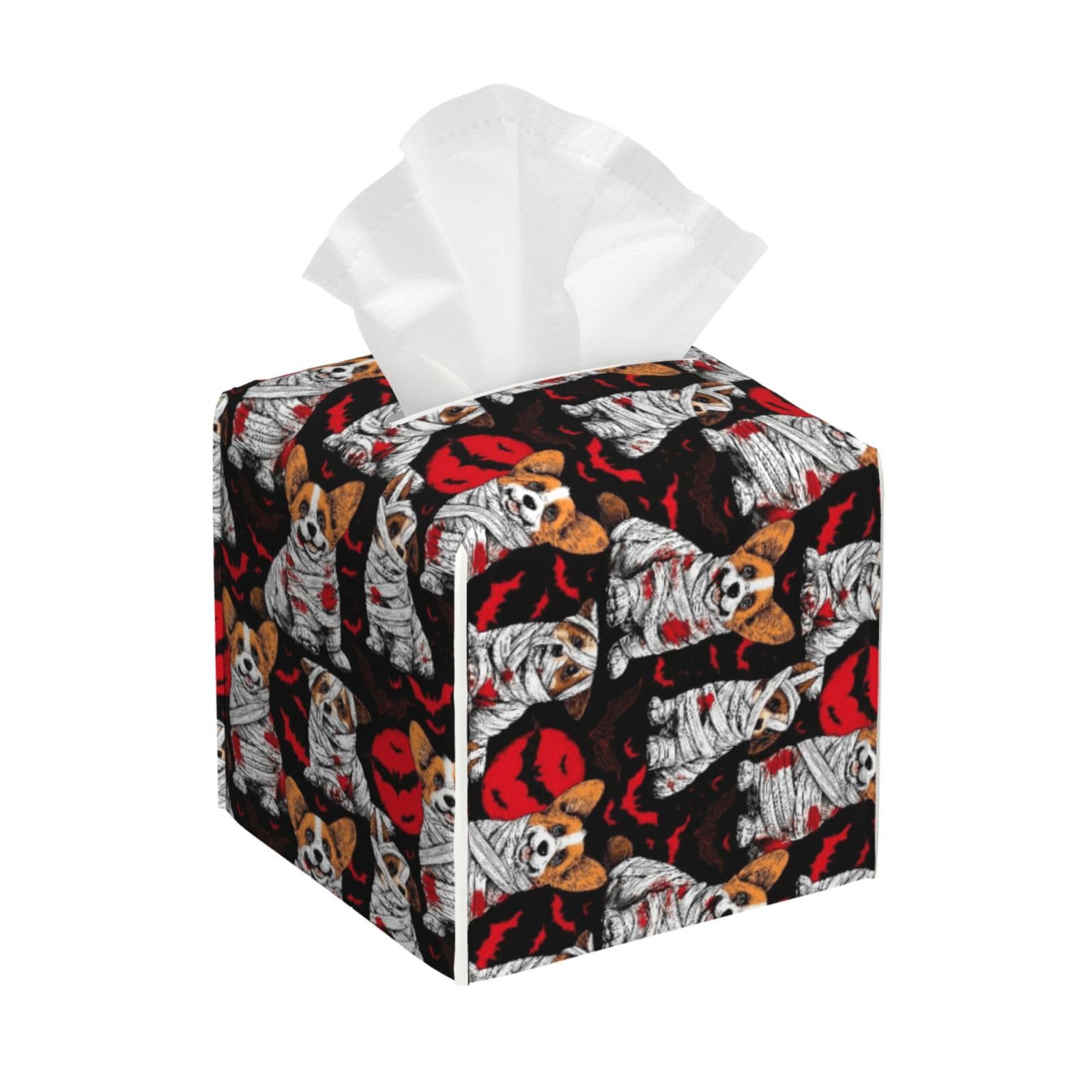 Cartoon Mummy Corgi Bat Print Tissue Box Cover Holder Square, Foldable Modern Cube Tissue Box Cover, Leather Decorative Organizer for Tabletop Bathroom Car Office Desk Decor