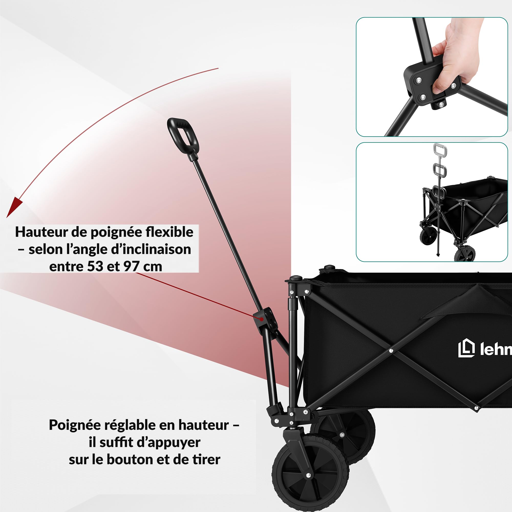 Lehmann MOBI 110L Chariot Pliable – Chariot de Transport Pliable Jusqu’à 80 kg, Chariot à roulettes 4 Roues 360°, Chariot de Plage Pliable, Chariot de Courses Pliable