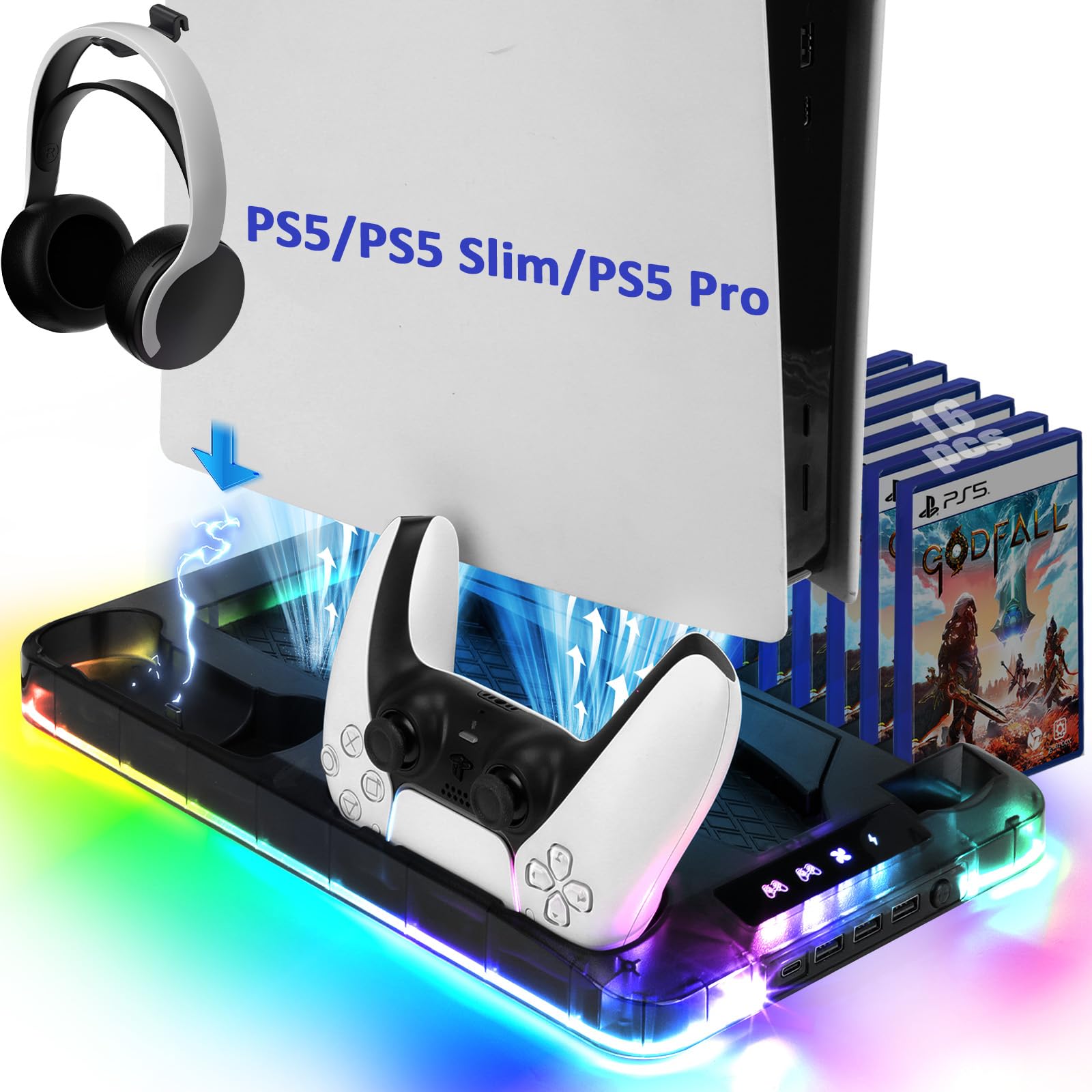 Supporto PS5/PS5 Slim/PS5 Pro con Ventola & Luce RGB, Trasparente PS5 Stazione di Raffreddamento Supporto di Ricarica con Controller Ricarica Stazione di ricarica per PS5/Slim/Pro Disco &Digital