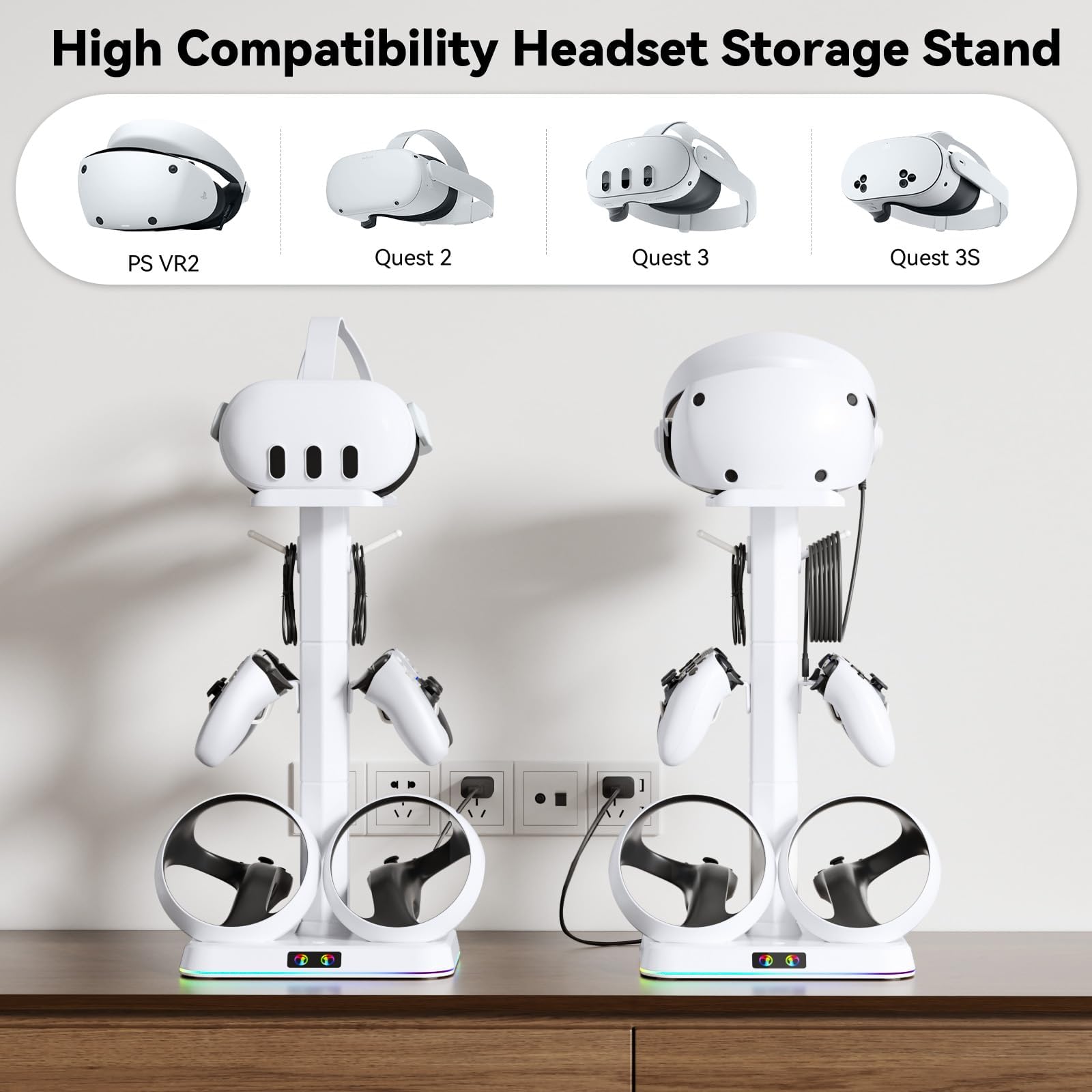 Kosker Base di Ricarica PSVR2, 9 Modalità RGB Supporto per Occhiali VR2 con Caricatore PS VR2 Magnetico, Supporto di Carica PSVR2 con Supporto per Controller e Cavi, Accessori PlayStation VR2