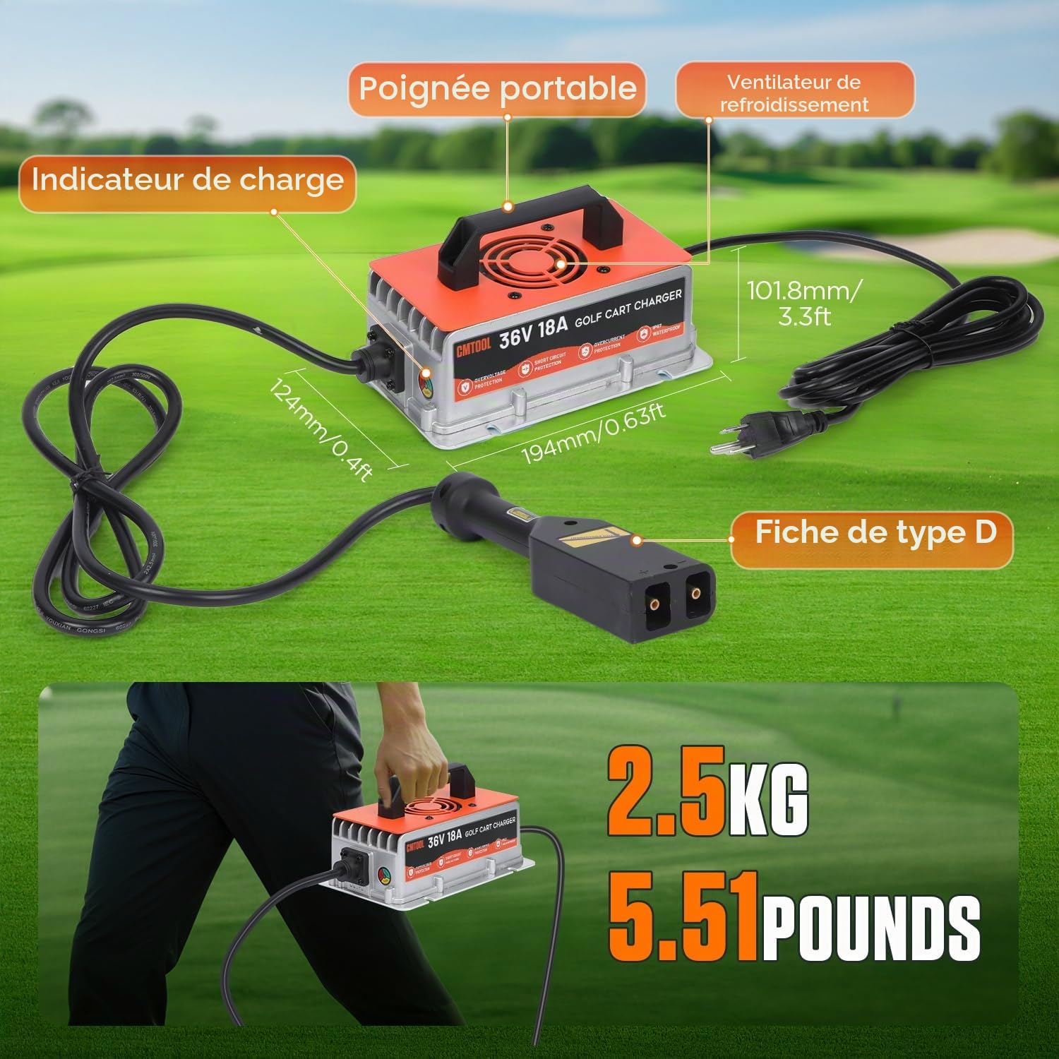CMTOOL Chargeur de batterie de chariot de golf 36 V 18 A pour voiturettes de golf EZGO TXT avec prise de type D, chargeur de batterie automatique intelligent 36 V 18 A au plomb étanche IP67
