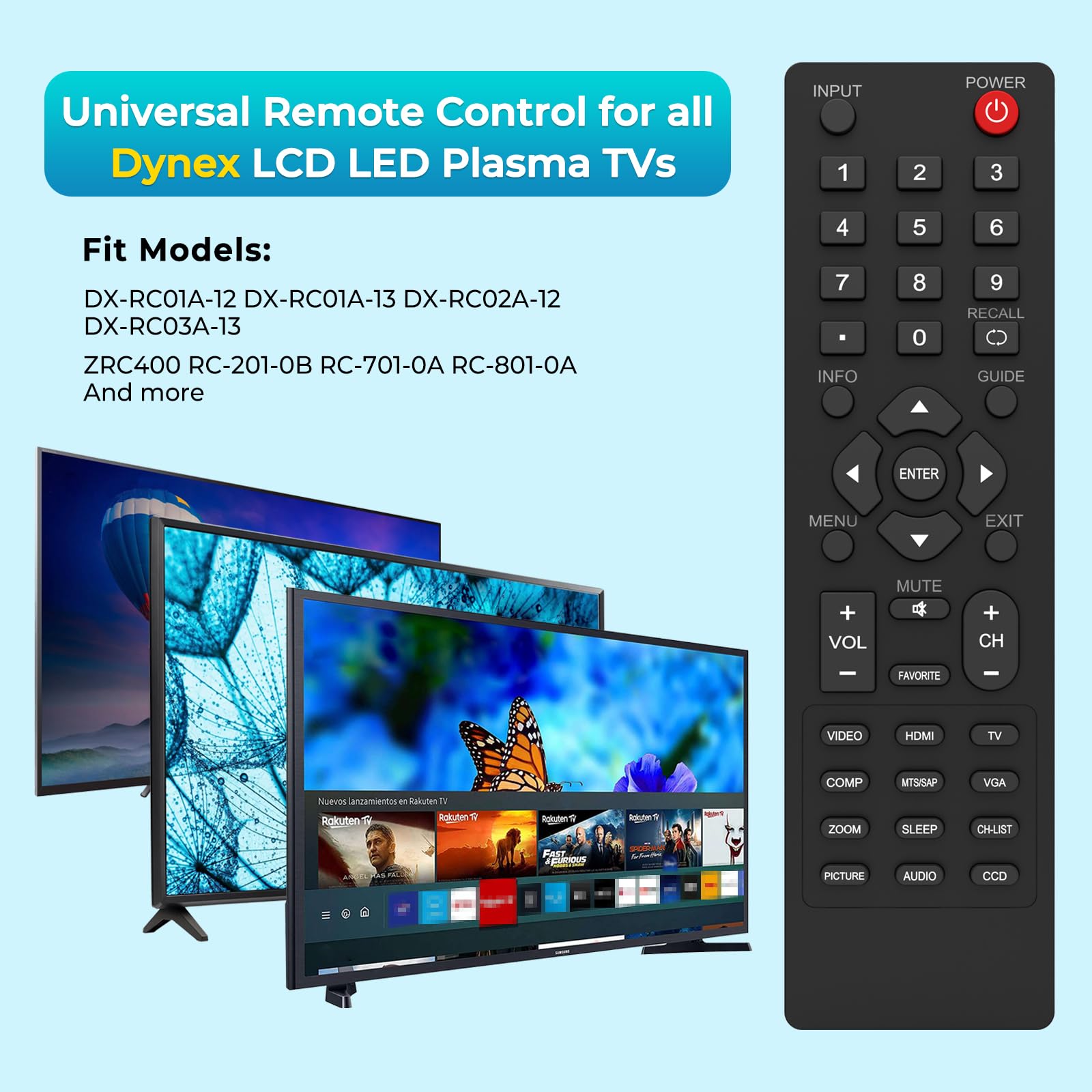 Mando a distancia universal de repuesto para todos los televisores Dynex, compatible con Dynex TV Remote DX-RC02A-12 DX-RC01A-12 DX-RC01A-13 DX-RC03A-13 RC-201-0B RC-701-0A RC-801-0A ZRC400, no