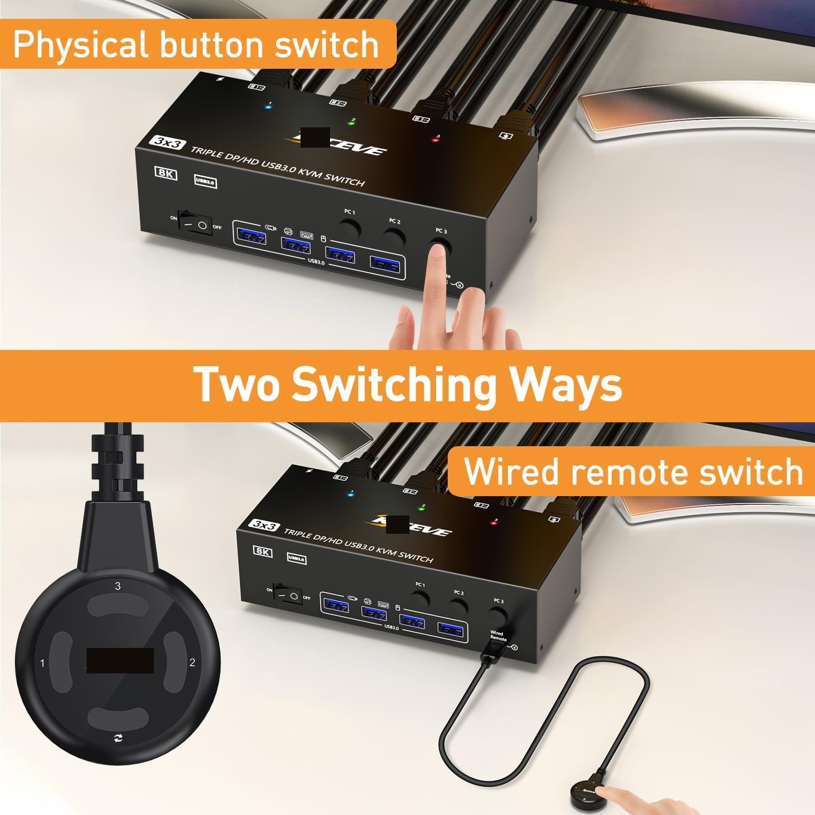 KVM Switch 3 Ordenadores 3 Monitores 8K Triple Monitor KVM para 3 PC Share 4 USB 3.0 Device(EU Power Plug)