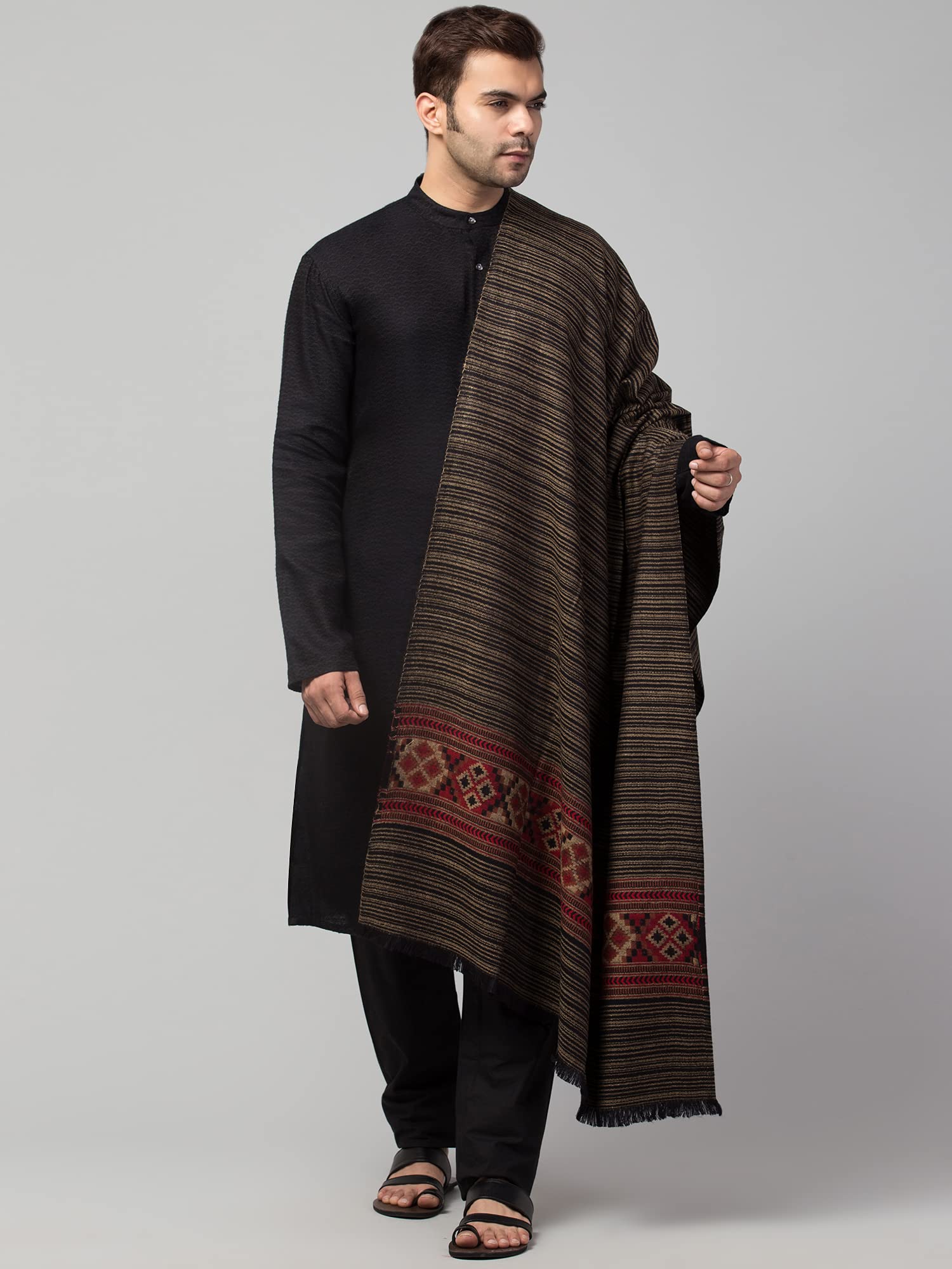 tweedle Woolen Kullu Shawl for Male/Stole for Men, Traditional Stripes Design Scarf for Gents - Black 4