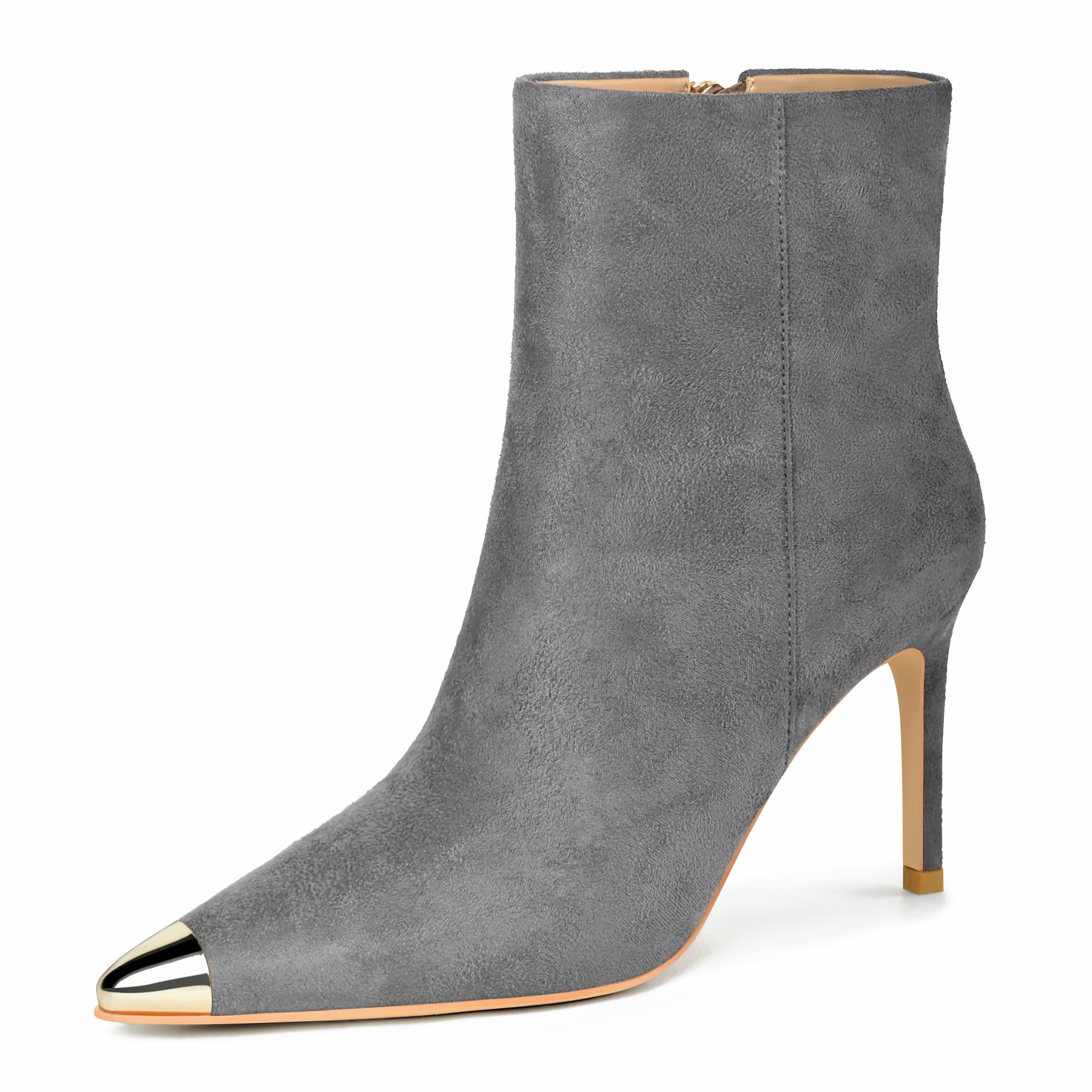 XINIUNIU Womens Ankle Boots Kitten Stiletto Heels Booties Metal Pointed Toe Suede Side Zipper 3 5 Inch Short