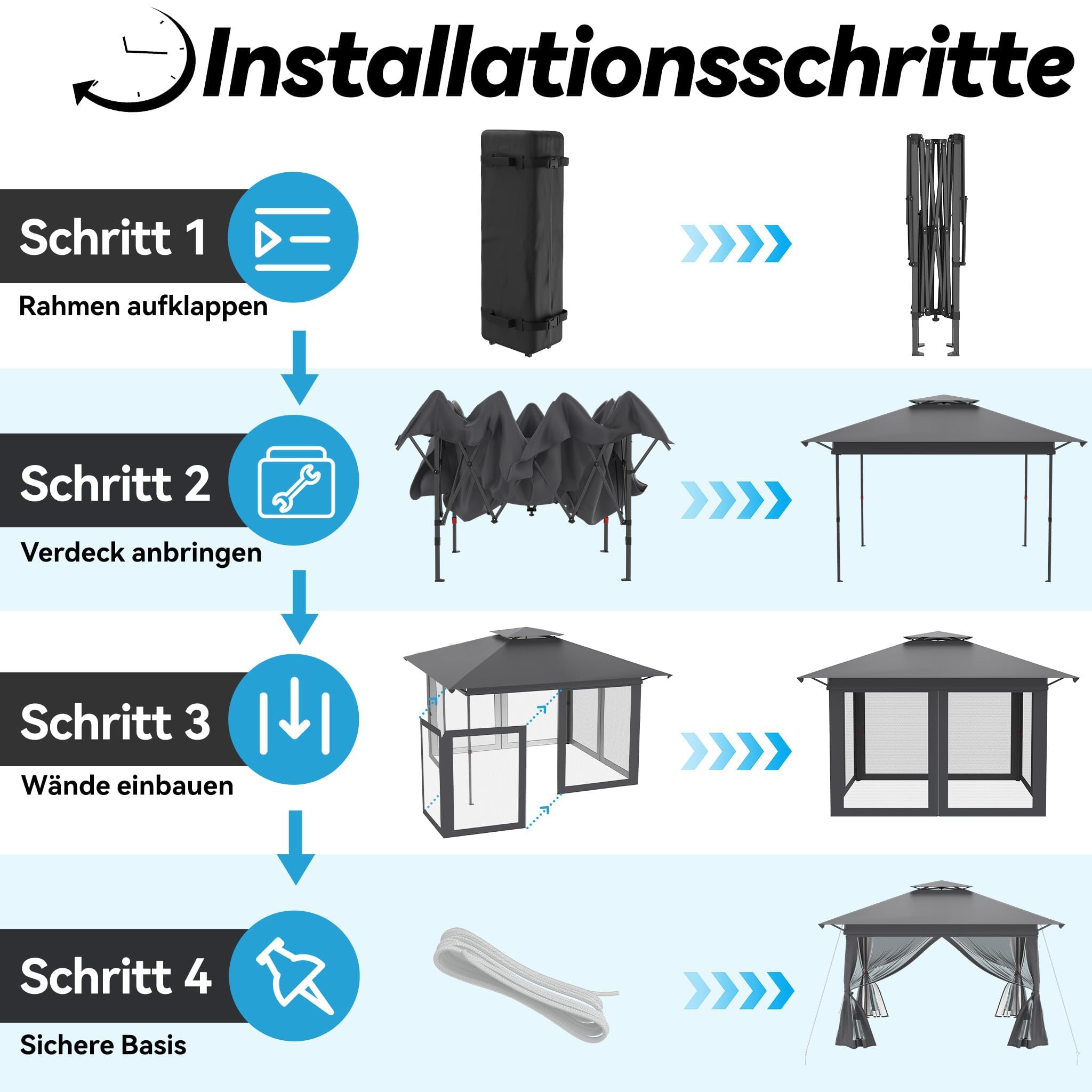 LZQ Tonnelle pliante 4 x 4 m anthracite - Avec double toit - Parties latérales en moustiquaire amovibles - Hauteur réglable - Avec sac de transport, cordes à vent et piquets pour jardin, terrasse et