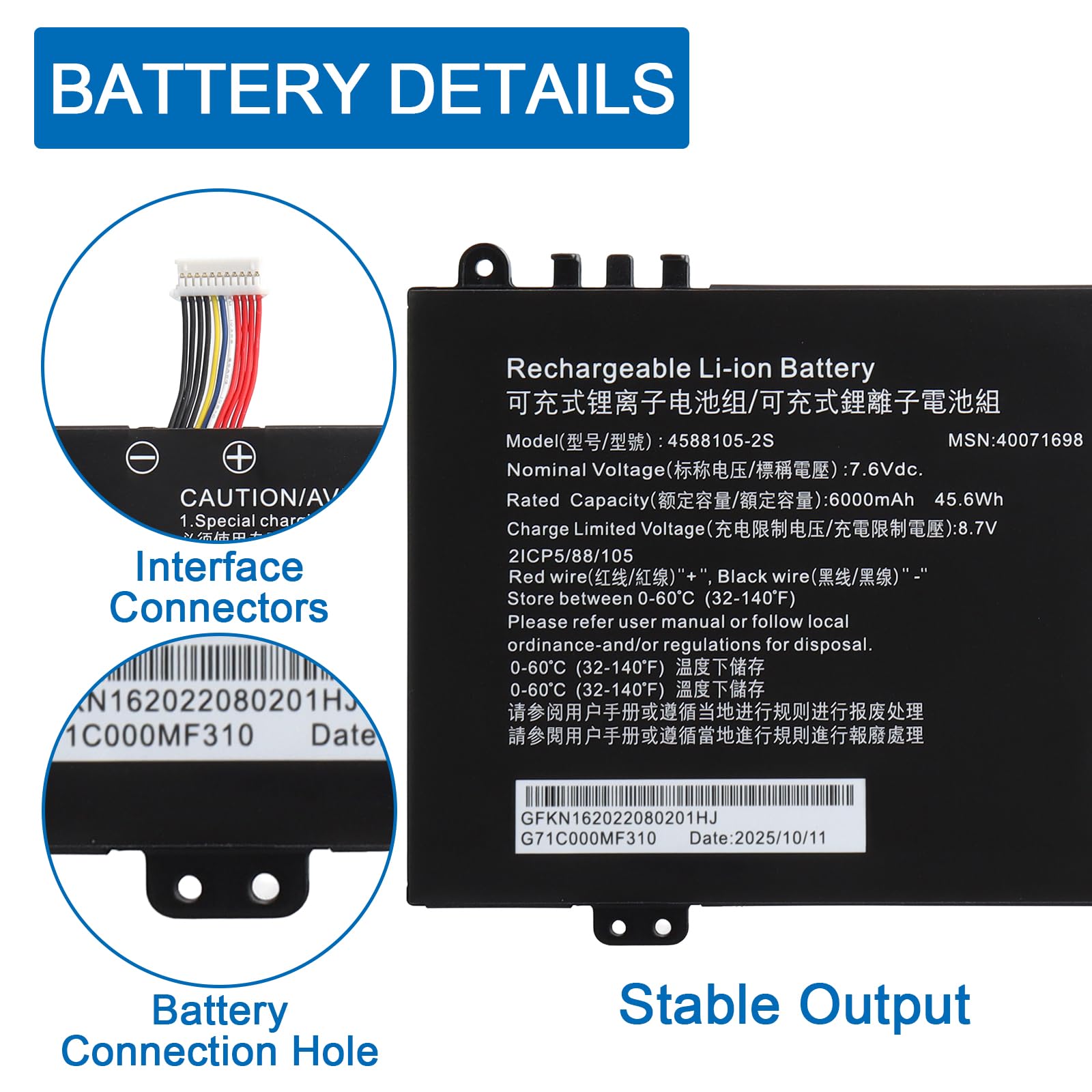 7.6V 6000mAh 4588105-2S 4588106-2S - Batería de repuesto compatible con Dynabook Satellite Pro C50-E C50-H C50-J C50-J C50-G C40-H C40-H C40-J, para Medion Akoya E15403 40071699 8 400 72215 4588106