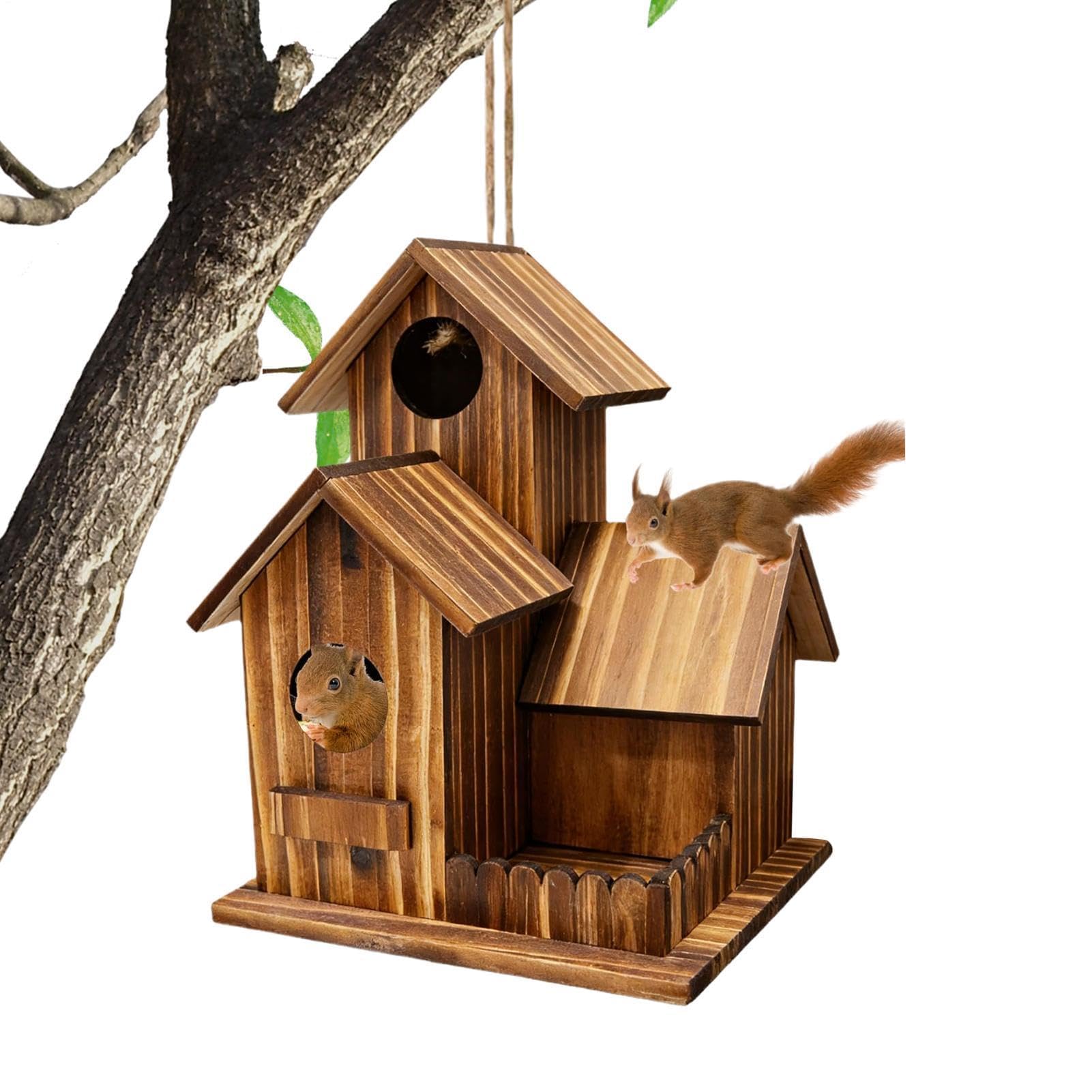 Eichhörnchen‑Futterstation aus Holz, DREI‑Kammer‑Design, Futterhaus mit klappbarem Dach und Sitzbank, für Terrasse, Balkon und Hof im Außenbereich