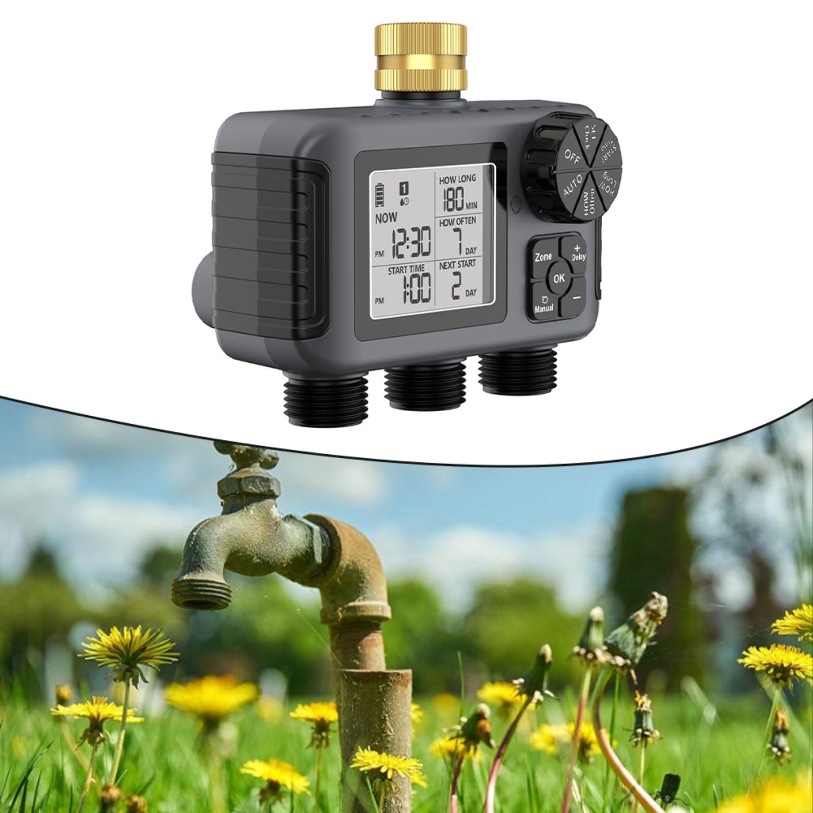 Timer automatico per irrigazione da giardino, regolatore di irrigazione a tre valvole, classificato IPX5, con blocco per bambini, per esterni, cortile, verde, nero
