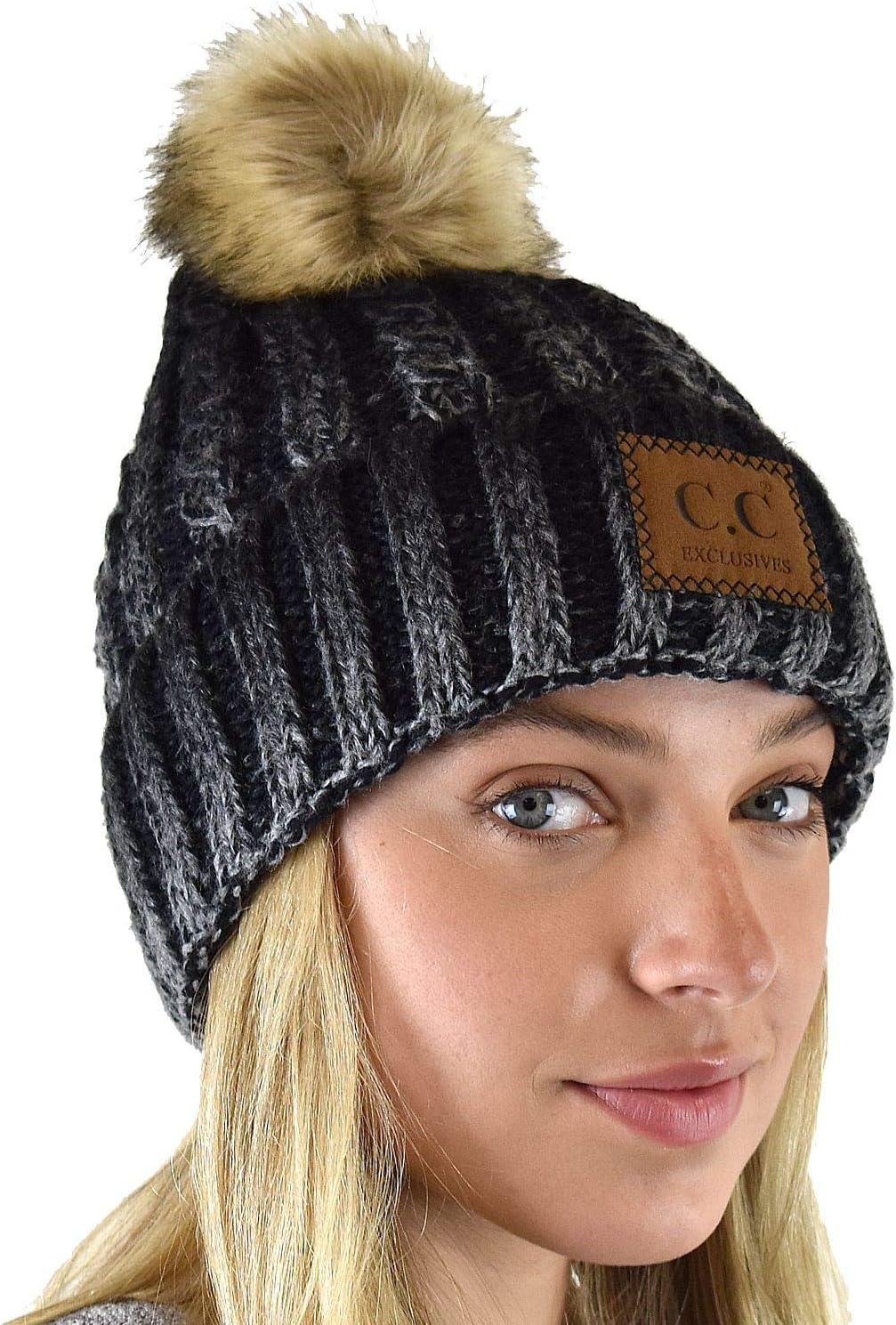 C.C Thick Cable Knit Faux Fuzzy Fur Pom Skull Cap Cuff Beanie