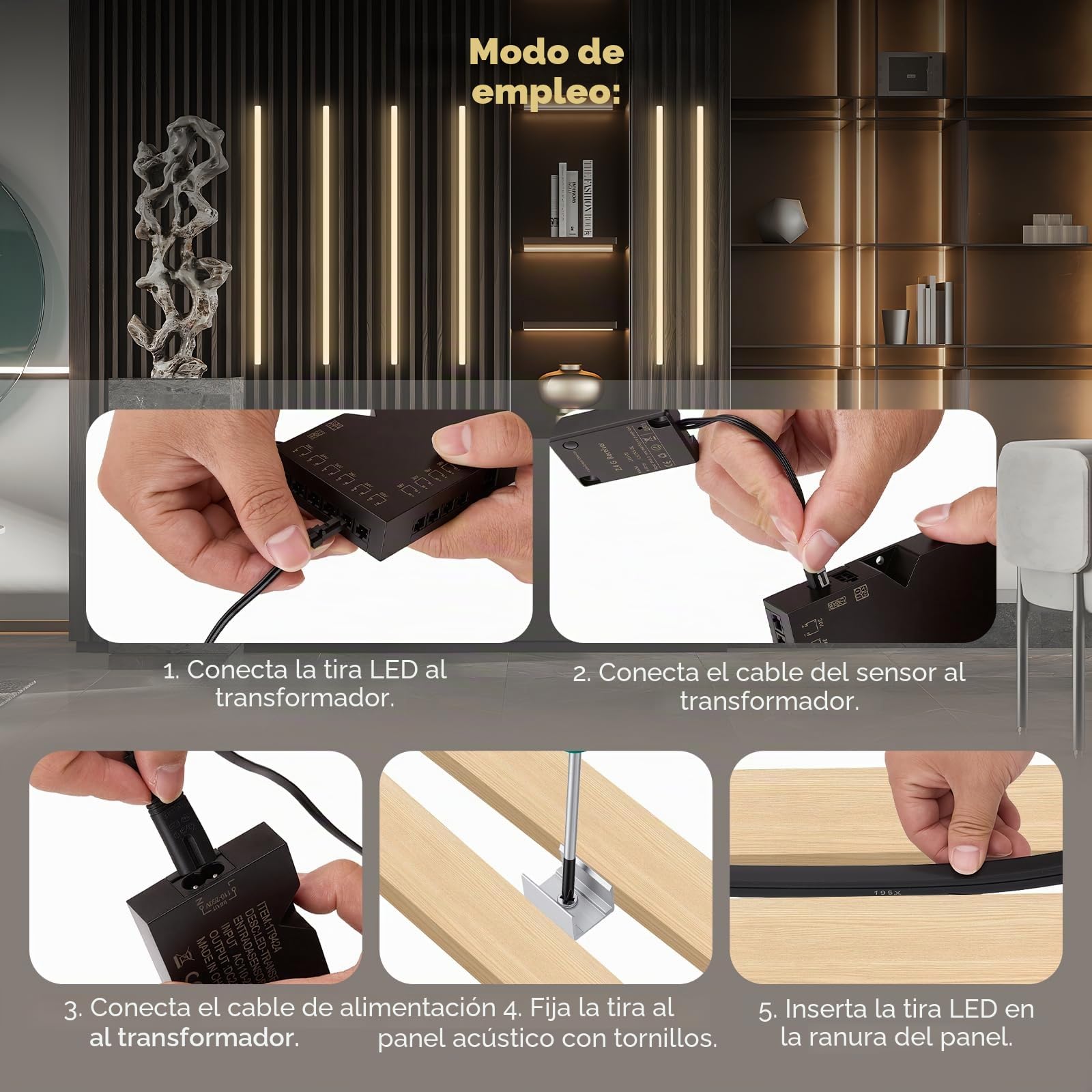 Iluminación Para Paneles Acústicos, Regulable Recortable Con 6 Tiras Led Blancas Cálidas 100Cm Y Sensor Táctil Fácil Instalación Para Paneles Acústicos Estanterías Armarios (6 Tiras LED)