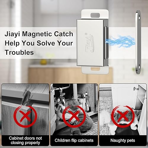 Miniatura 8 de Jiayi Pestillo magnético para gabinete, paquete de 4 pestillos magnéticos de 30 libras para puerta de armario, cierres magnéticos para puertas de