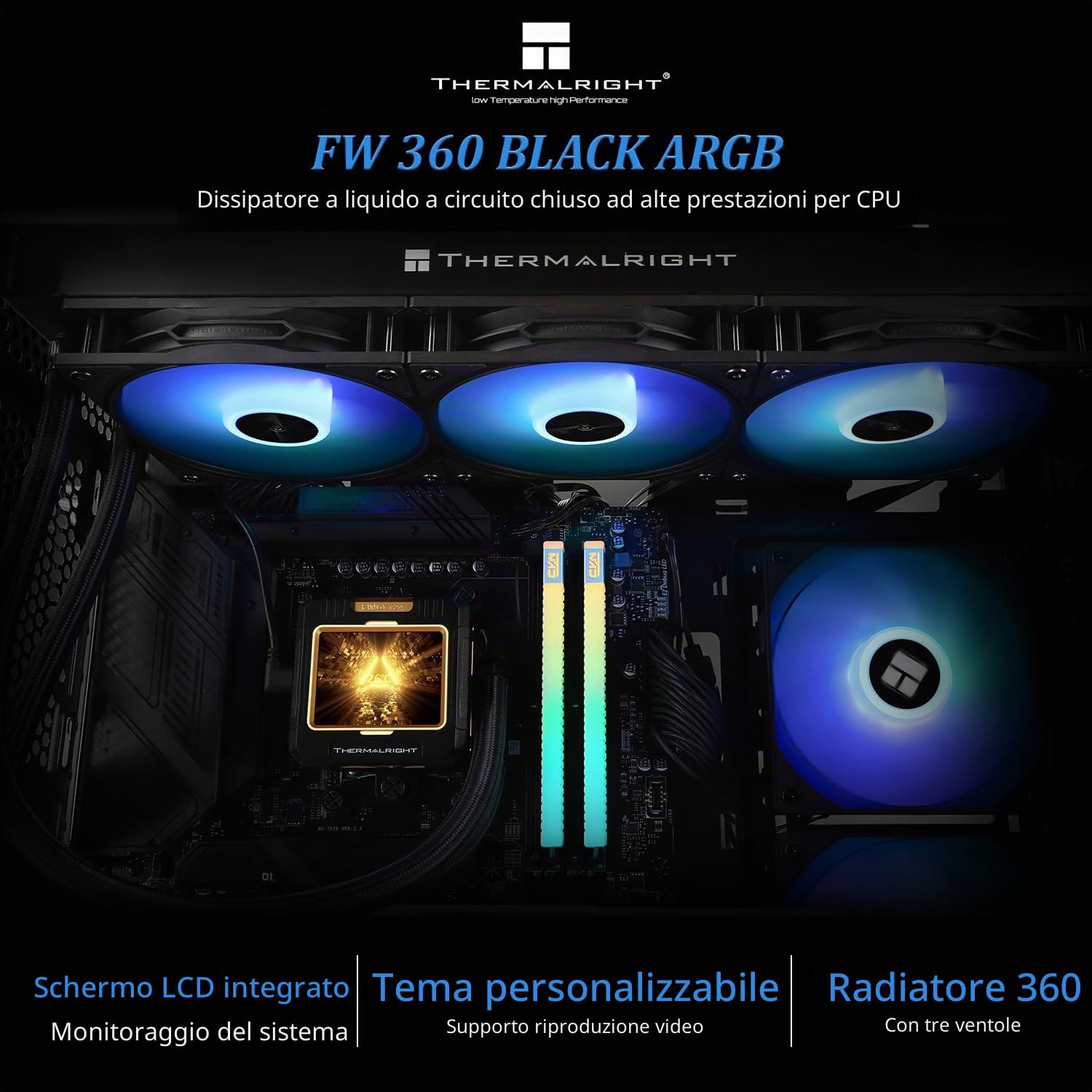 Thermalright Frozen Warframe 360 Black ARGB CPU Water Cooler, 3 ventole PWM sistema di raffreddamento ad acqua, schermo LCD IPS con risoluzione 320 * 240, per AMD/AM4/AM5 & Intel LGA1700, computer 360